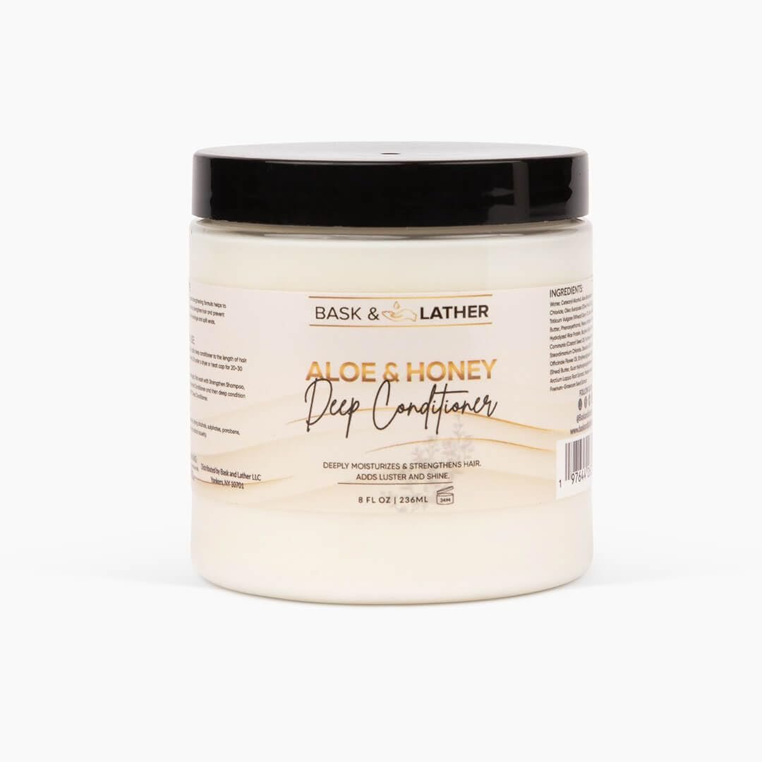 BASK & LATHER Aloe & Honey Deep Conditioner – Moisturizing Hair Mask with Aloe Vera, Honey & Shea Butter – Restores Strength, Reduces Breakage, For All Hair Types & Color-Treated Hair, 8oz