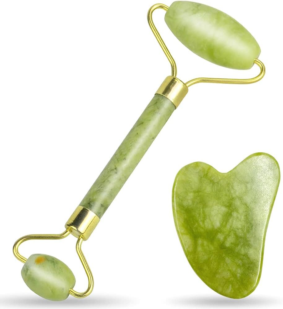 Gua Sha Facial Tools Set and Jade Roller for Face – 100% Real Natural Stone Beauty Massage Tool for Face, Eyes, Neck, Body – Anti-Aging Beauty Treatment