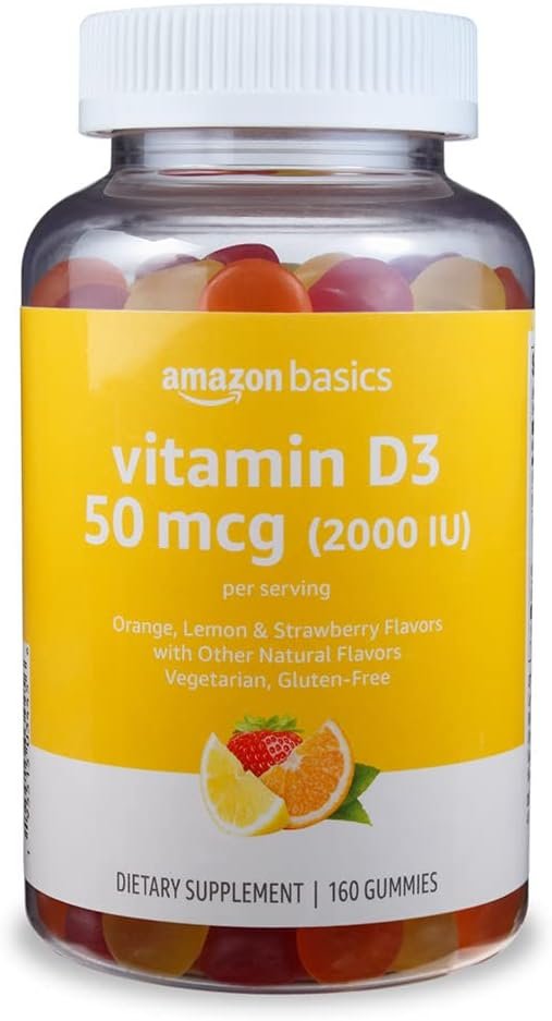 Amazon Basics Vitamin D3 2000 IU Gummies, Orange, Lemon & Strawberry, 160 Count (2 per Serving), Packaging May Vary