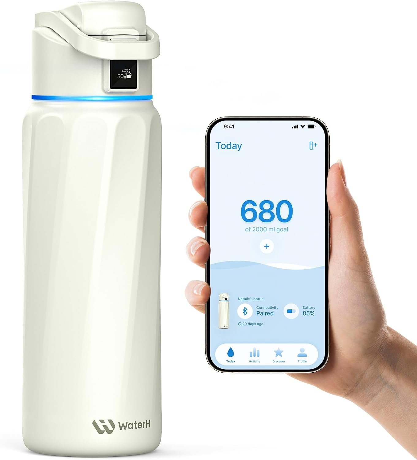 WaterH BOOST Smart Water Bottle Tracker with Reminder, White, 32oz
