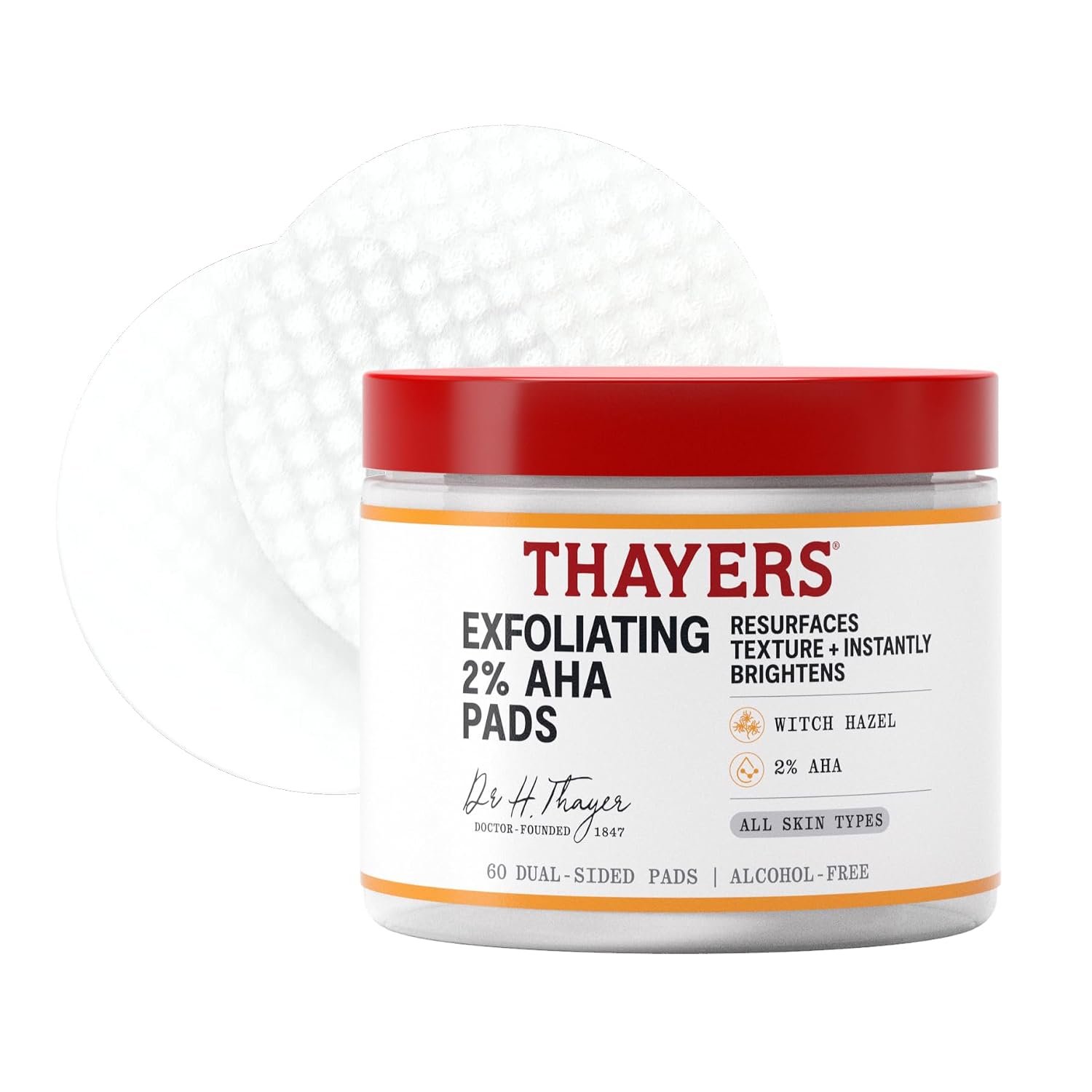 THAYERS Exfoliating 2% AHA Toner Pads, Dual-Sided Exfoliating Pads, 60 Ct