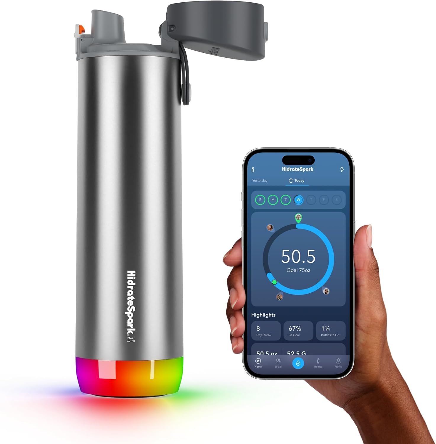 Hidrate Spark PRO Smart Water Bottle – Tracks Water Intake & Glows to Remind You to Stay Hydrated, Chug & Straw lid, 21oz (Brushed)