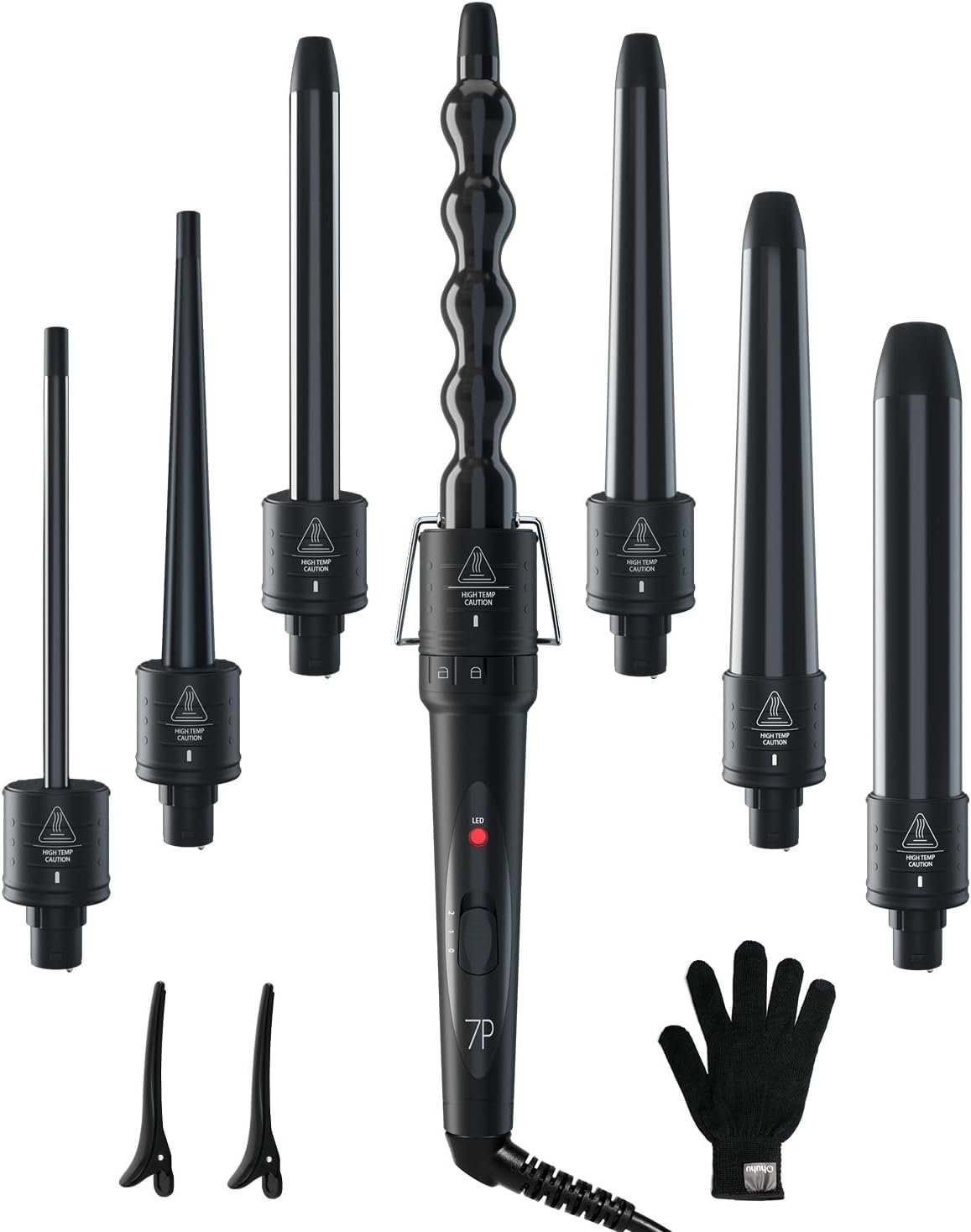 Ohuhu 7 in 1 Curling Wand Set, 0.35″-1.25″ Interchangeable Ceramic Barrels