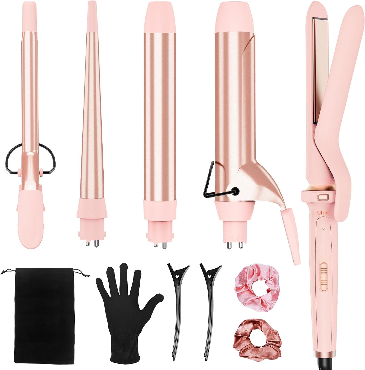 Ufree 5 in 1 Curling Iron Set, 0.35″-1.25″ Ceramic Barrels, Pink