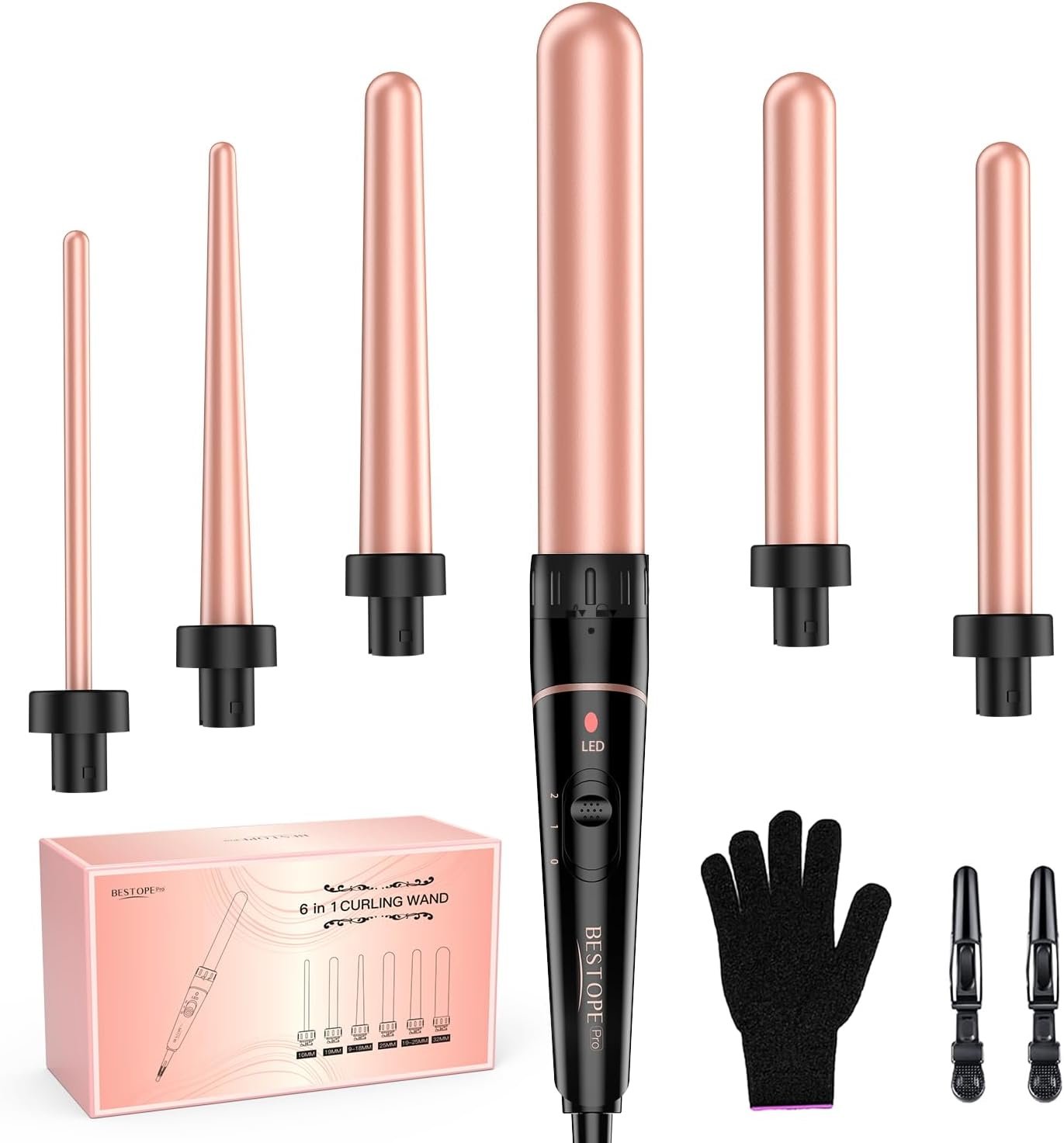 Long Barrel Curling Iron Wand Set, BESTOPE PRO 6 in 1 Curling Wand Set with Ceramic Barrel for Long/Medium Hair, 0.35″-1.25″ Interchangeable Hair Wand Curler, Dual Voltage, Include Glove & Clips