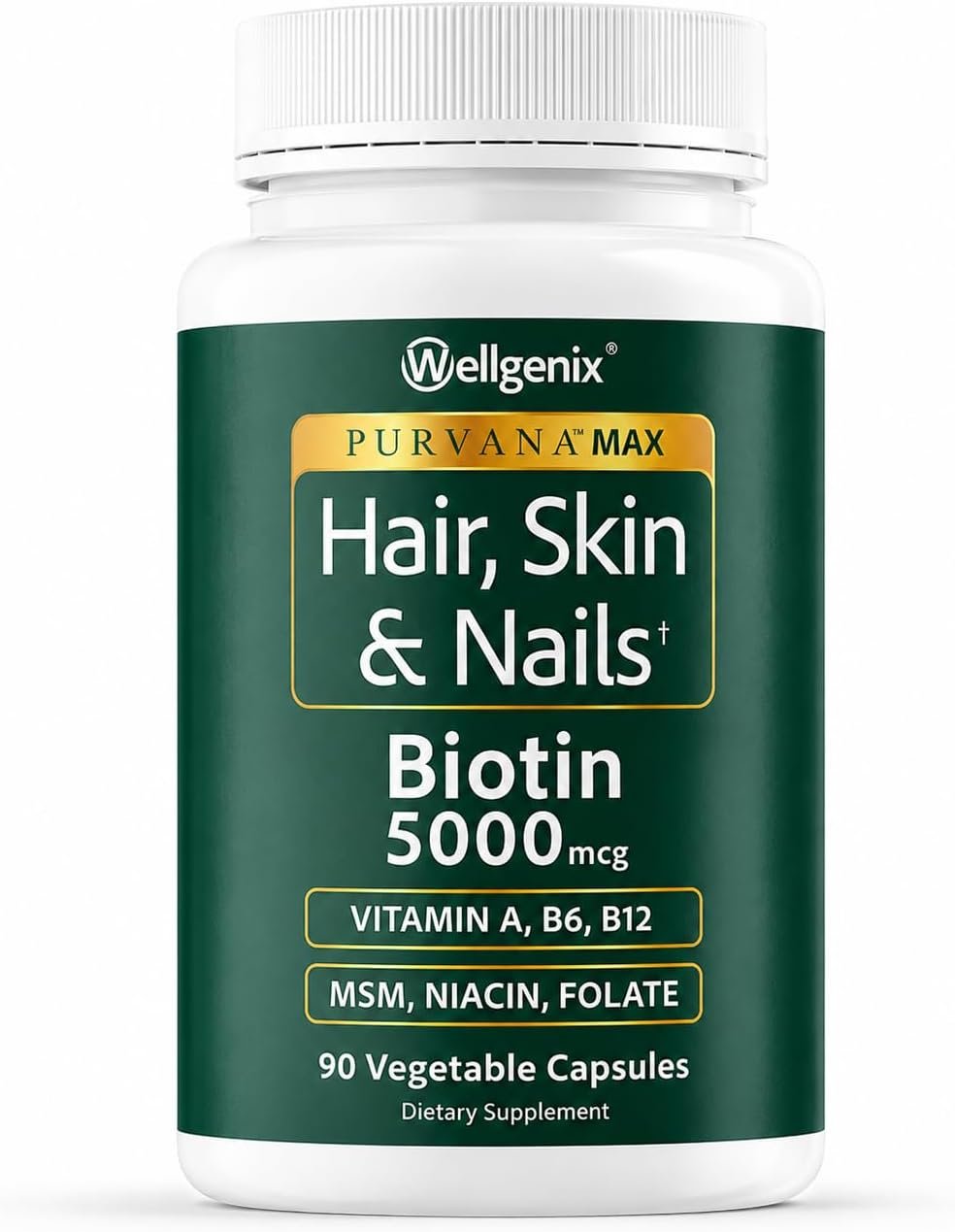 Wellgenix Purvana MAX Hair Skin & Nails Vitamins, Biotin 5000mcg, 90 Count