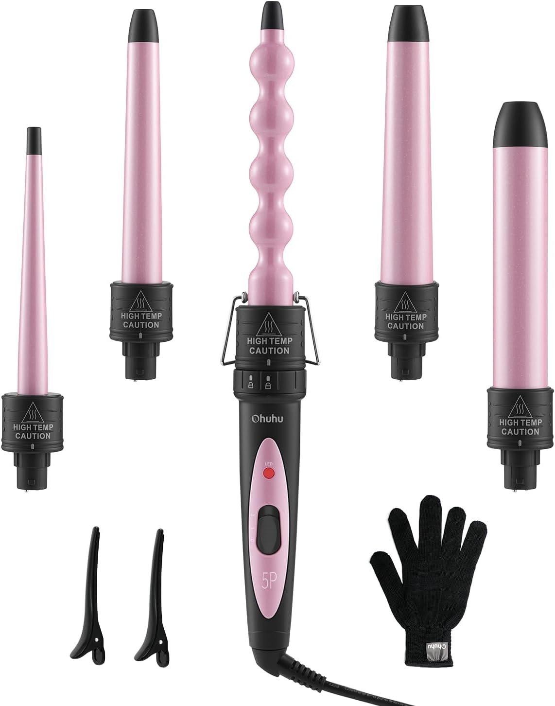 Ohuhu 5 in 1 Curling Wand Set, 0.35″-1.25″ Interchangeable Ceramic Barrels