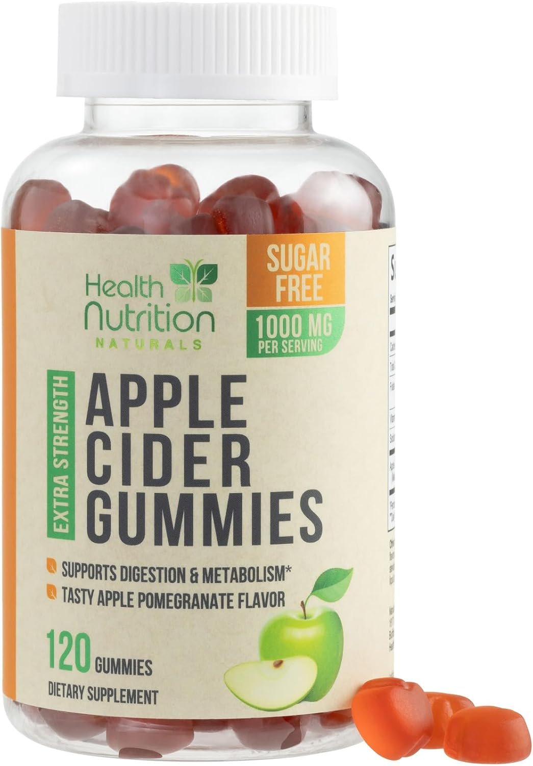 Apple Cider Vinegar Gummies 1000mg – Sugar Free – Max Strength ACV Gummy Vitamins – B12 & The Mother – Metabolism & Energy Support – Vegan Apple Cider Vinegar Gummy Supplement – Non-GMO – 120 Gummies