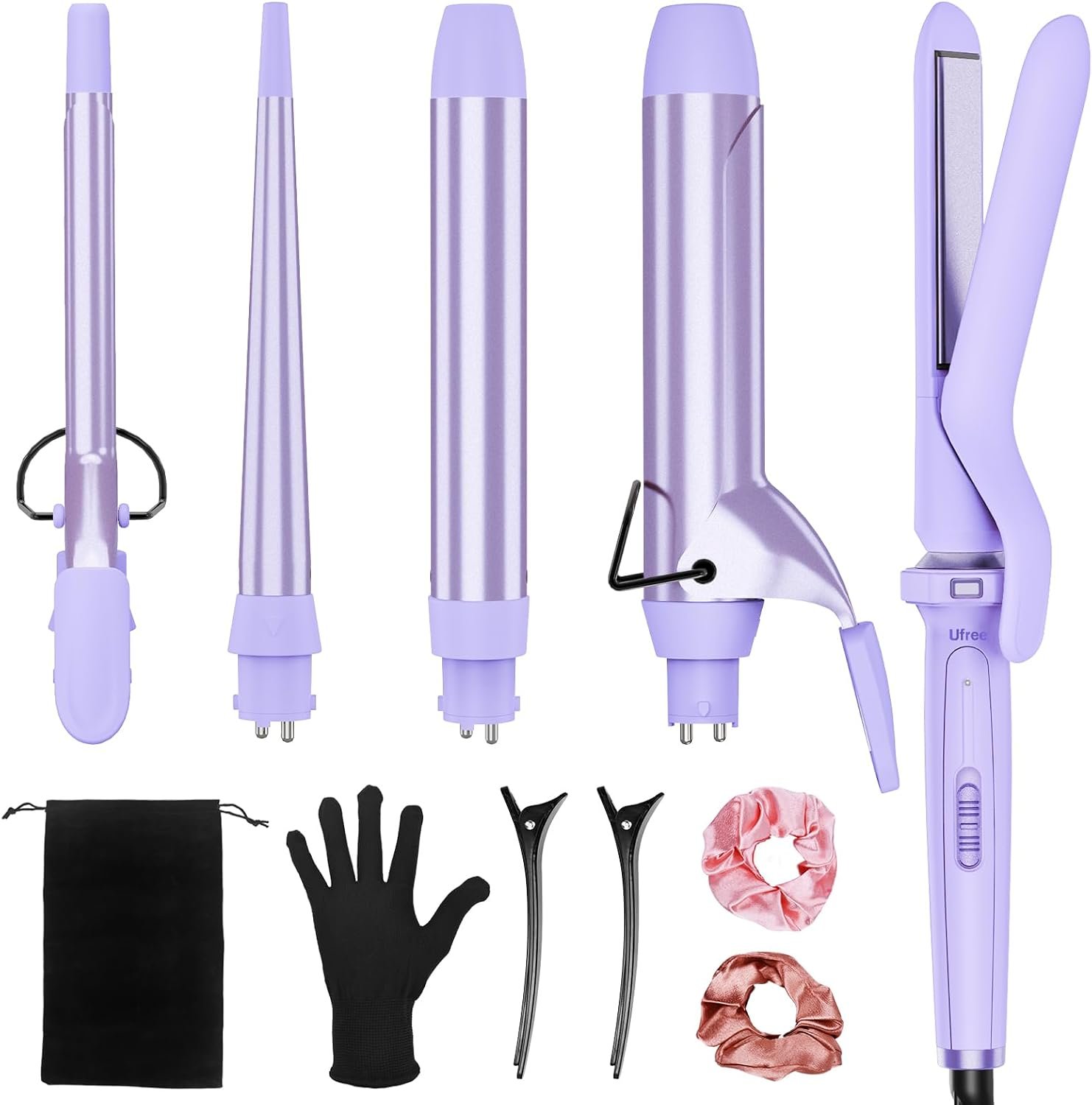 Ufree 5 in 1 Curling Wand Set with Flat Iron, 0.35″-1.25″ Ceramic Barrels