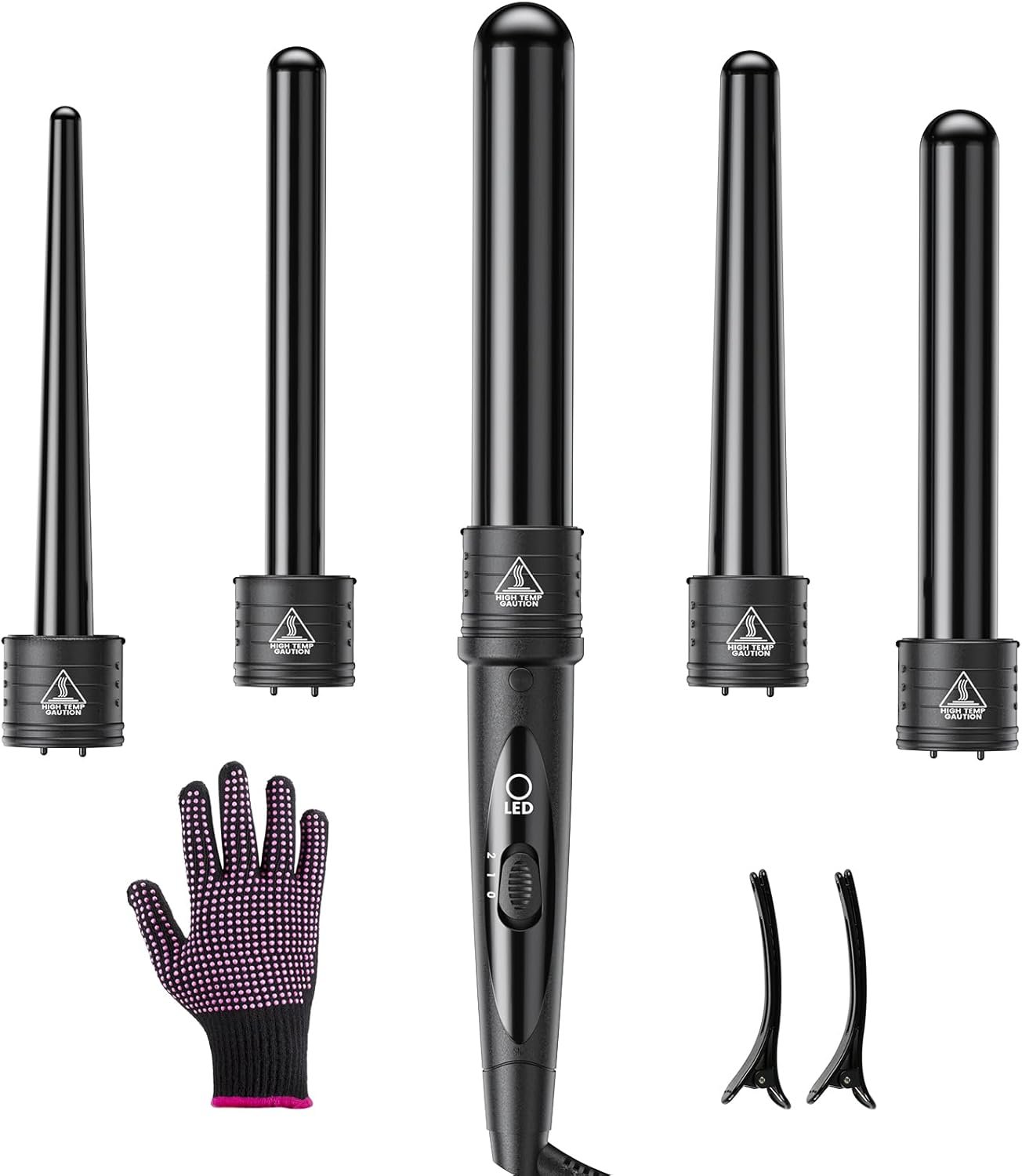 5 in 1 Curling Wand, 0.35″-1.25″ Interchangeable Ceramic Barrels