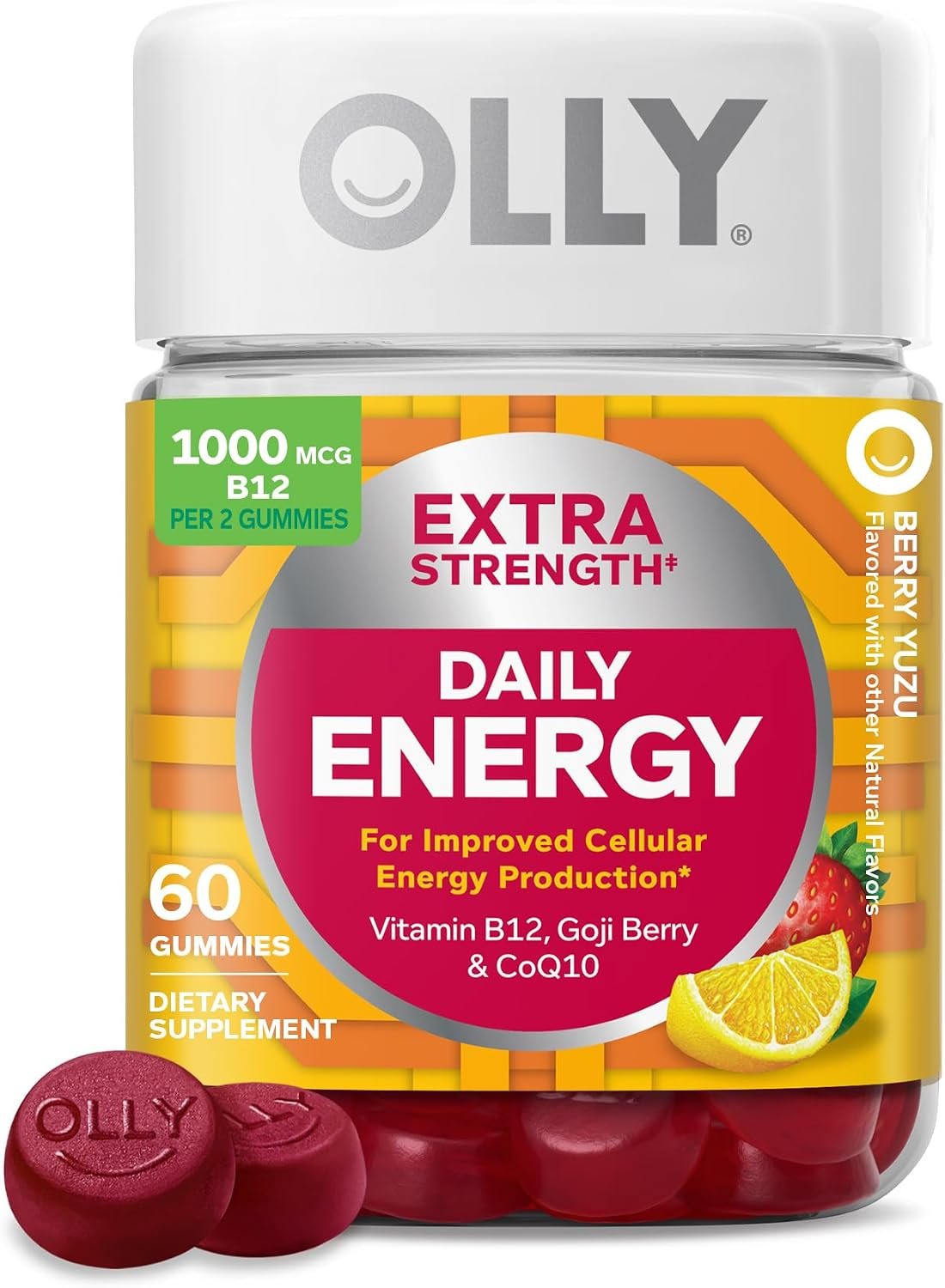 OLLY Extra Strength Daily Energy, Vitamin B12, CoQ10, Berry Yuzu – 60 Count