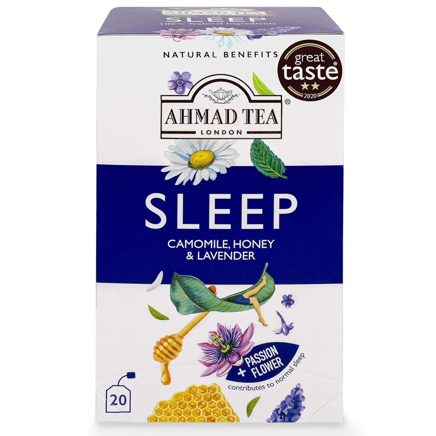 Ahmad Tea Herbal Tea, Camomile, Honey, & Lavender ‘Sleep’ Natural Benefits Teabags, 20 ct (Pack of 1) – Decaffeinated & Sugar-Free