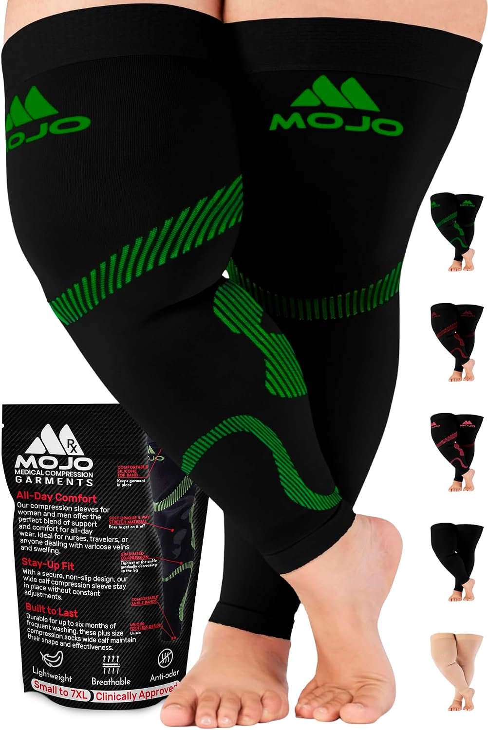 Mojo Compression Socks – 20-30mmHg Graduated Support Thigh-Hi Leg Sleeves with Grip Top – Reduces Swelling, Ideal for Varicose Veins, Lymphedema, DVT Treatment – 1 Pair
