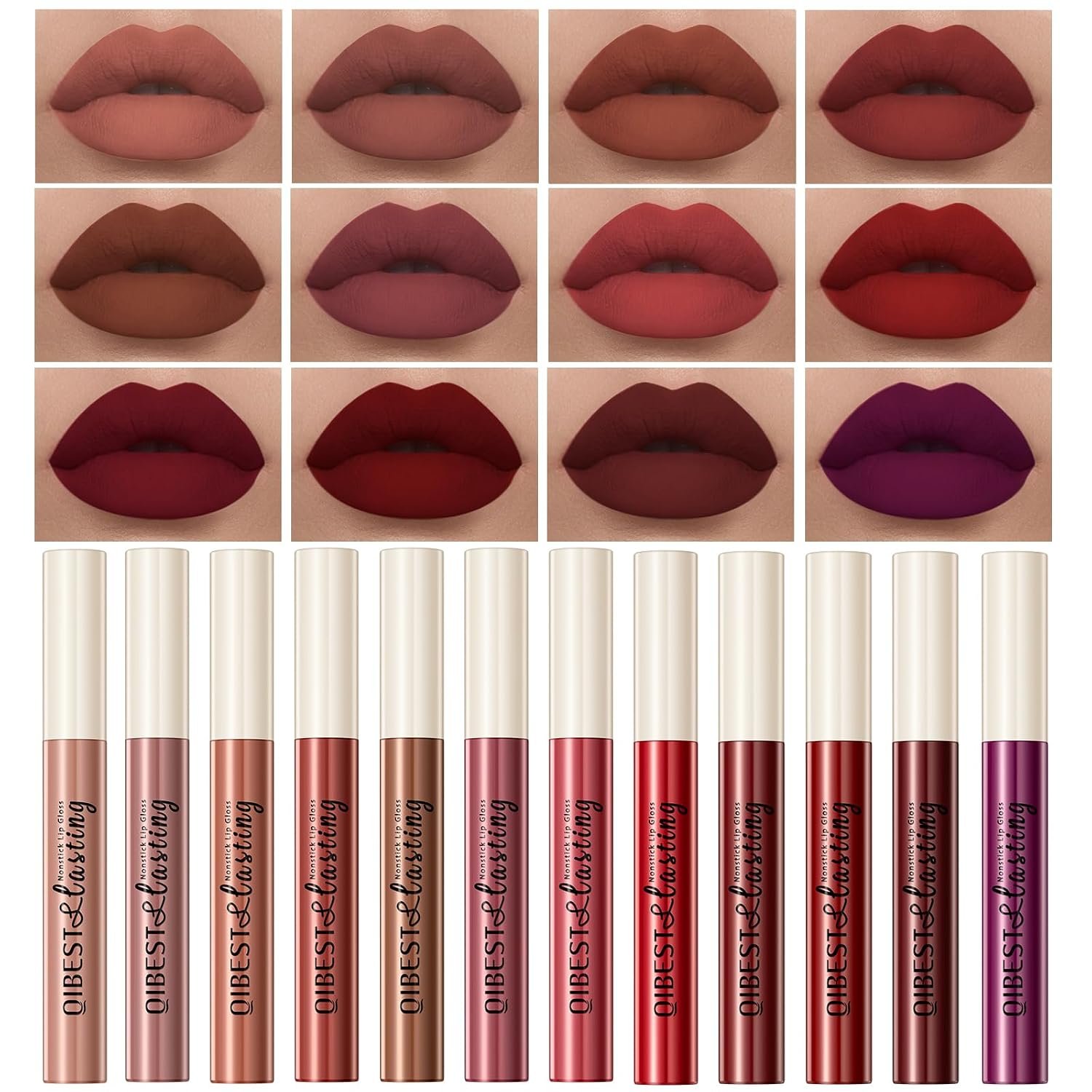 12Pcs Nude Matte Liquid Lipstick Set, Waterproof Long Lasting Non-Stick Cup