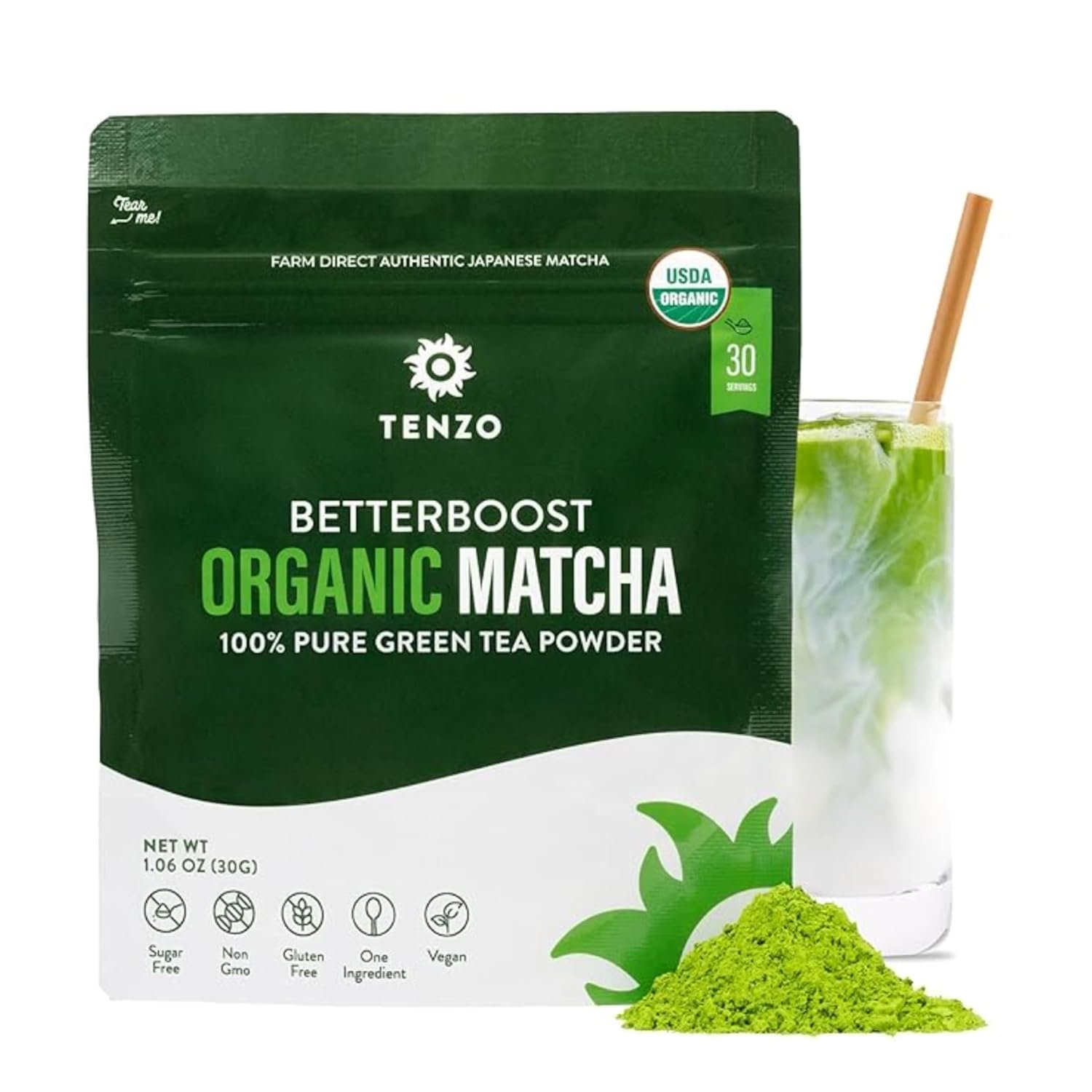 Tenzo Matcha Green Tea Powder – Matcha Powder USDA Organic Premium Grade – Kosher – Authentic Japanese Matcha Tea – Original Matcha Latte Powder – BetterBoost (1.06 Ounce)