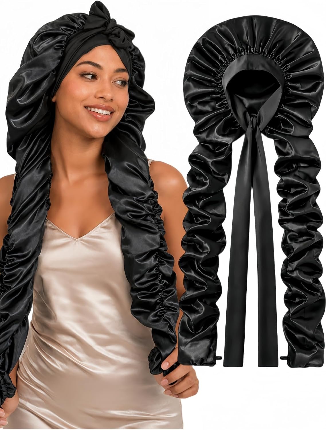 Double Layer Slik Like Satin Bonnet, 33-43″ XXL Bonnet for Braids Long Hair