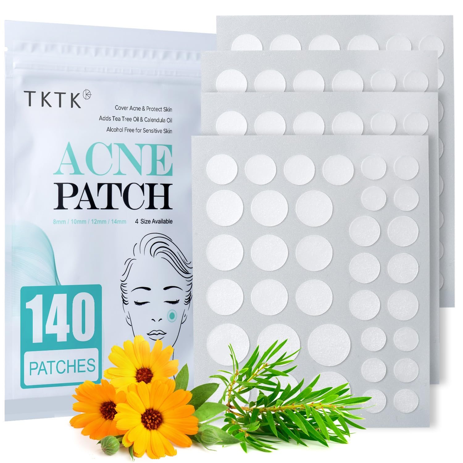 TKTK Pimple Patch Acne Patch, 4 Sizes 140 Patches FSA Acne Absorbing Cover Patch, Hydrocolloid Invisible Acne Patches for Face Zit Patch Acne Dots Tea Tree, Calendula Oil