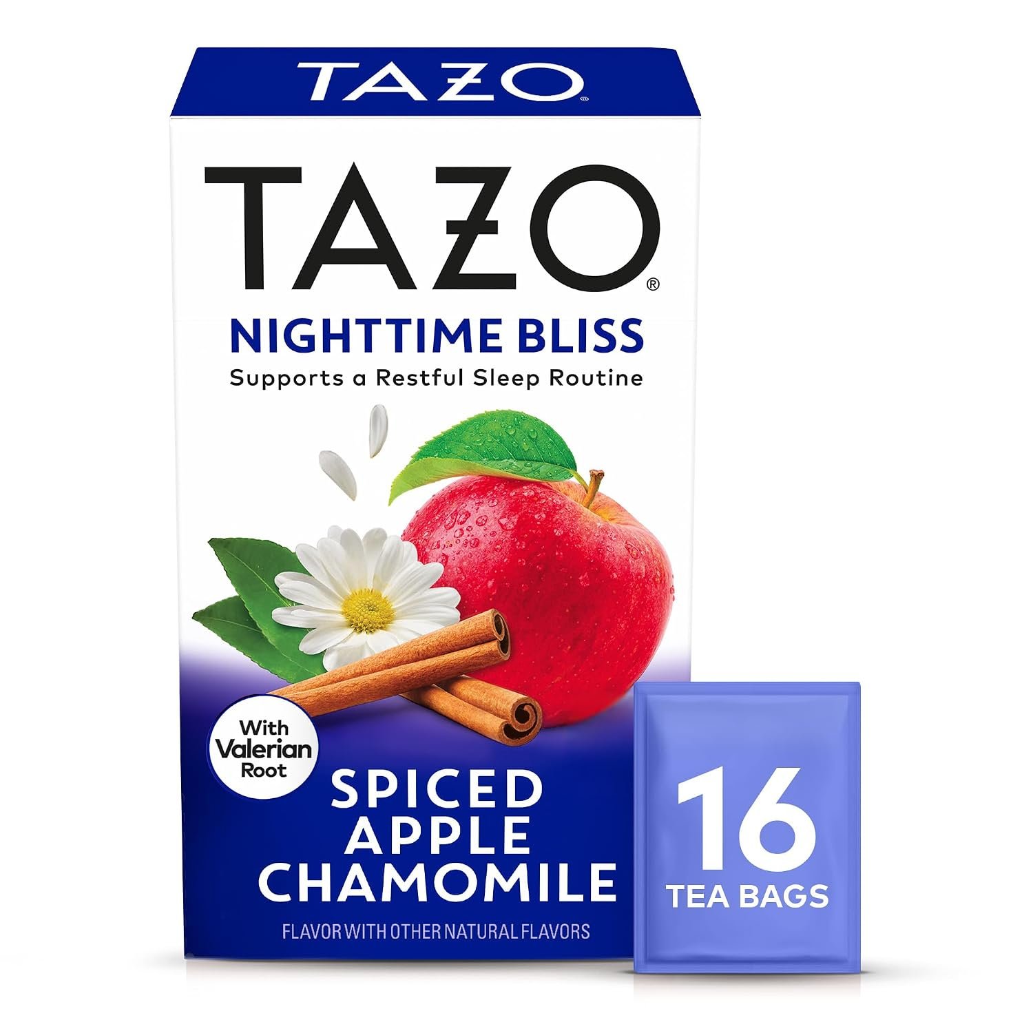 Tazo Nighttime Bliss Chamomile Herbal Tea Bags, 16 Count, Bedtime Tea