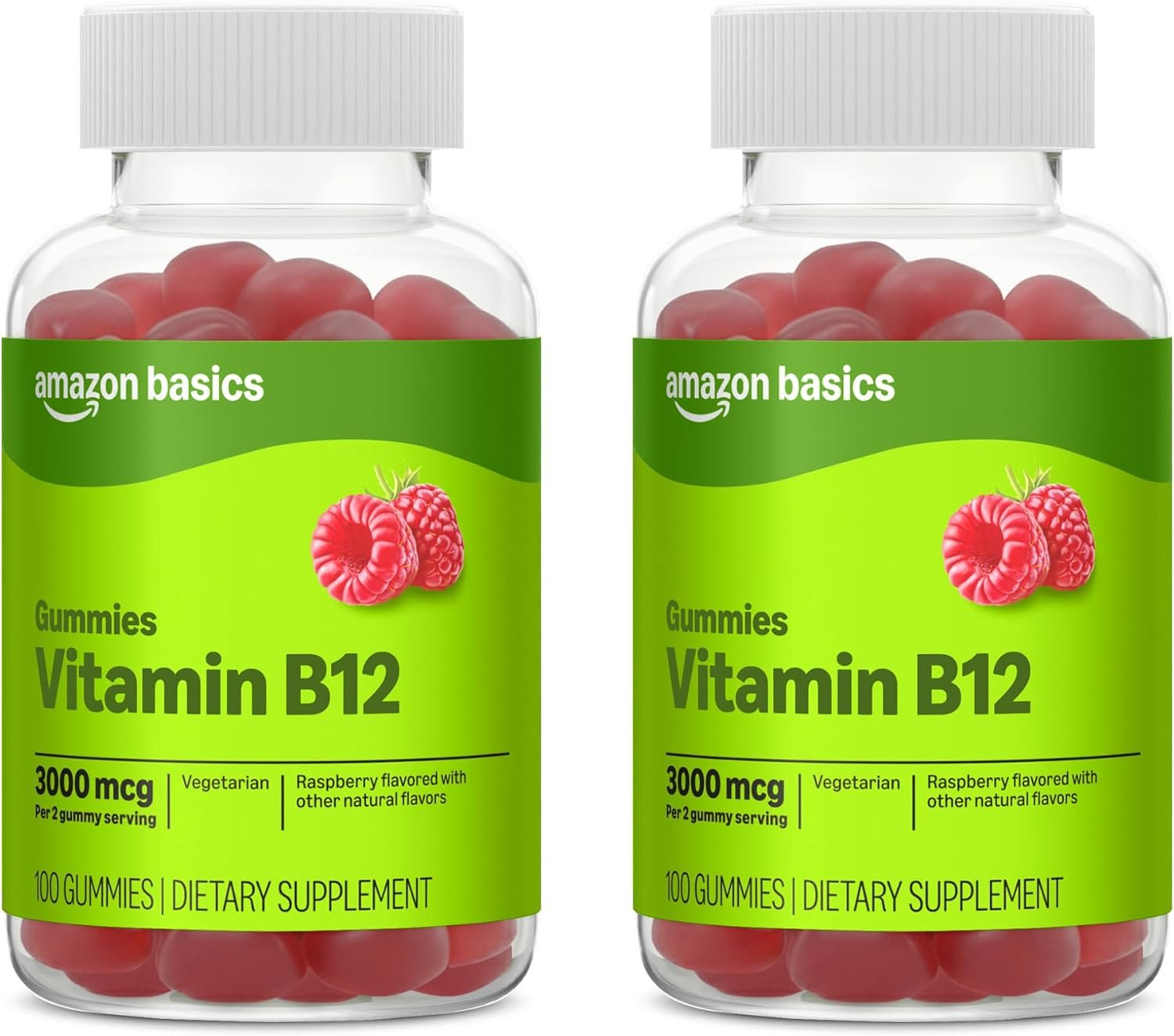 Amazon Basics Vitamin B12 3000 mcg Gummies, Normal Energy Production and Metabolism, Immune System Support, Raspberry, 200 Count (2 Packs of 100), 2 per Serving, Packaging May Vary