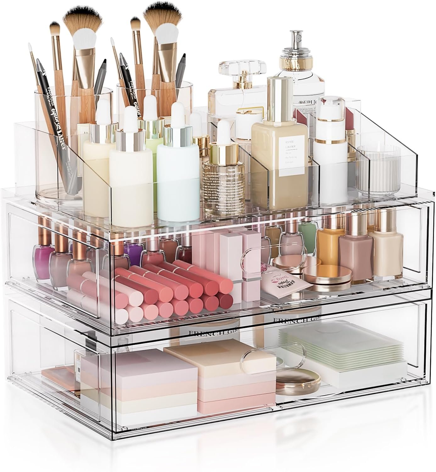 Clear Stackable Makeup Organizer with Drawer, 12”W Acrylic Storage Drawers