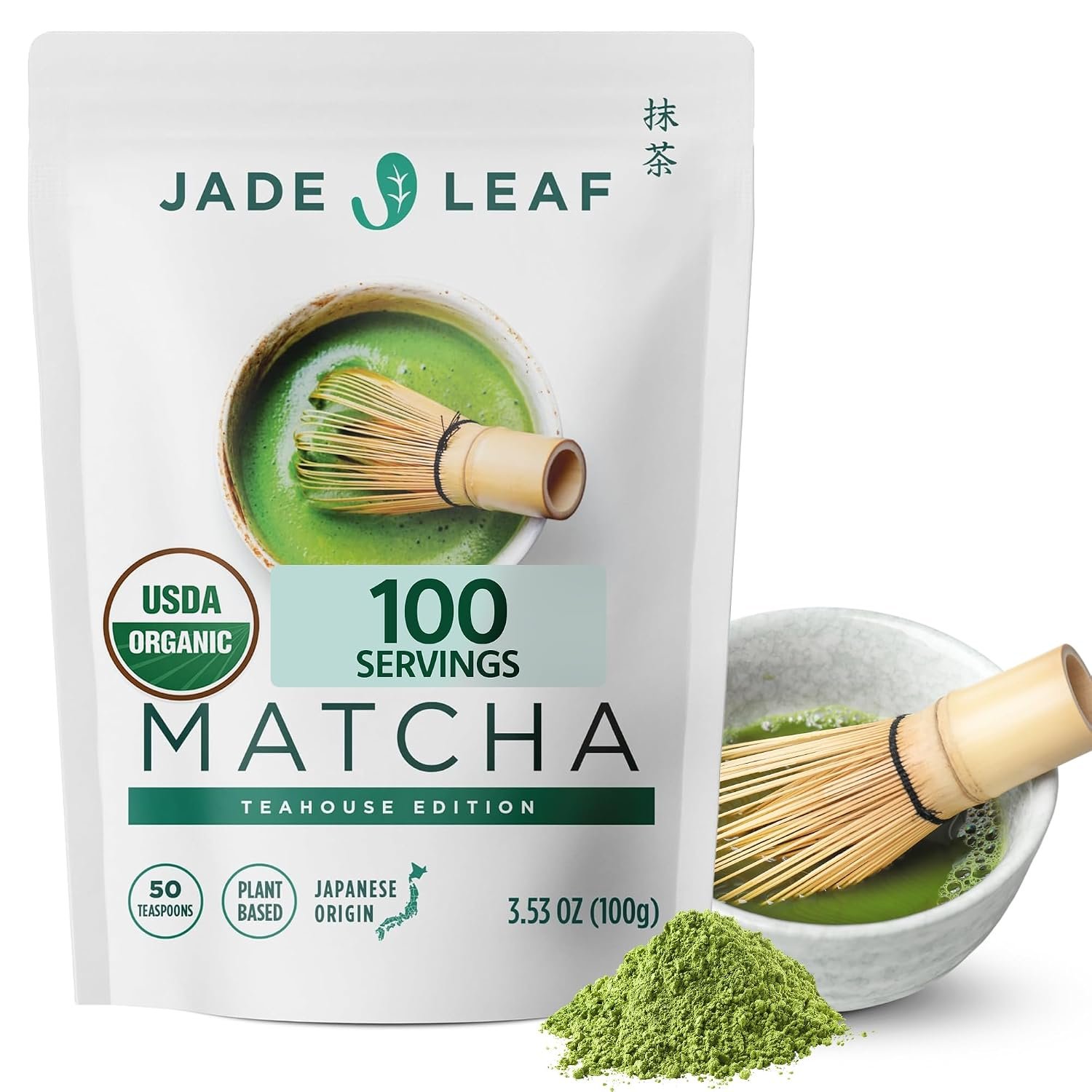 Jade Leaf Matcha Organic Ceremonial Grade Matcha Green Tea Powder – 100% Pure Japanese First Harvest Green Tea for Ceremonies, Usucha, Lattes 100g / 3.53 Ounce Pouch (Pack of 1)