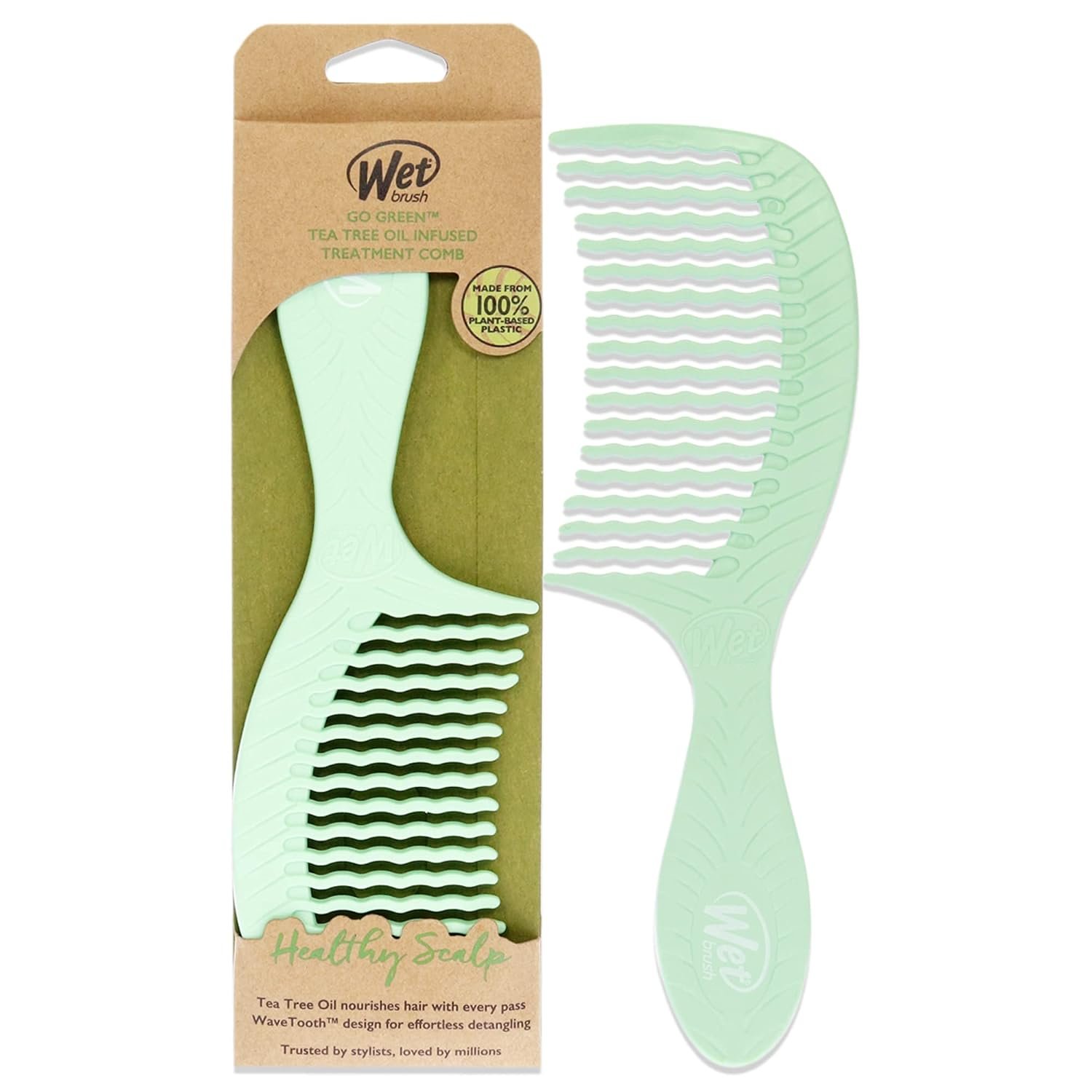 Wet Brush Go Green Tea Tree Oil Infused Treatment Comb – Wide Tooth Hair Detangler with WaveTooth Design that Gently and Glides Through Tangles – No Split Ends and No Damage