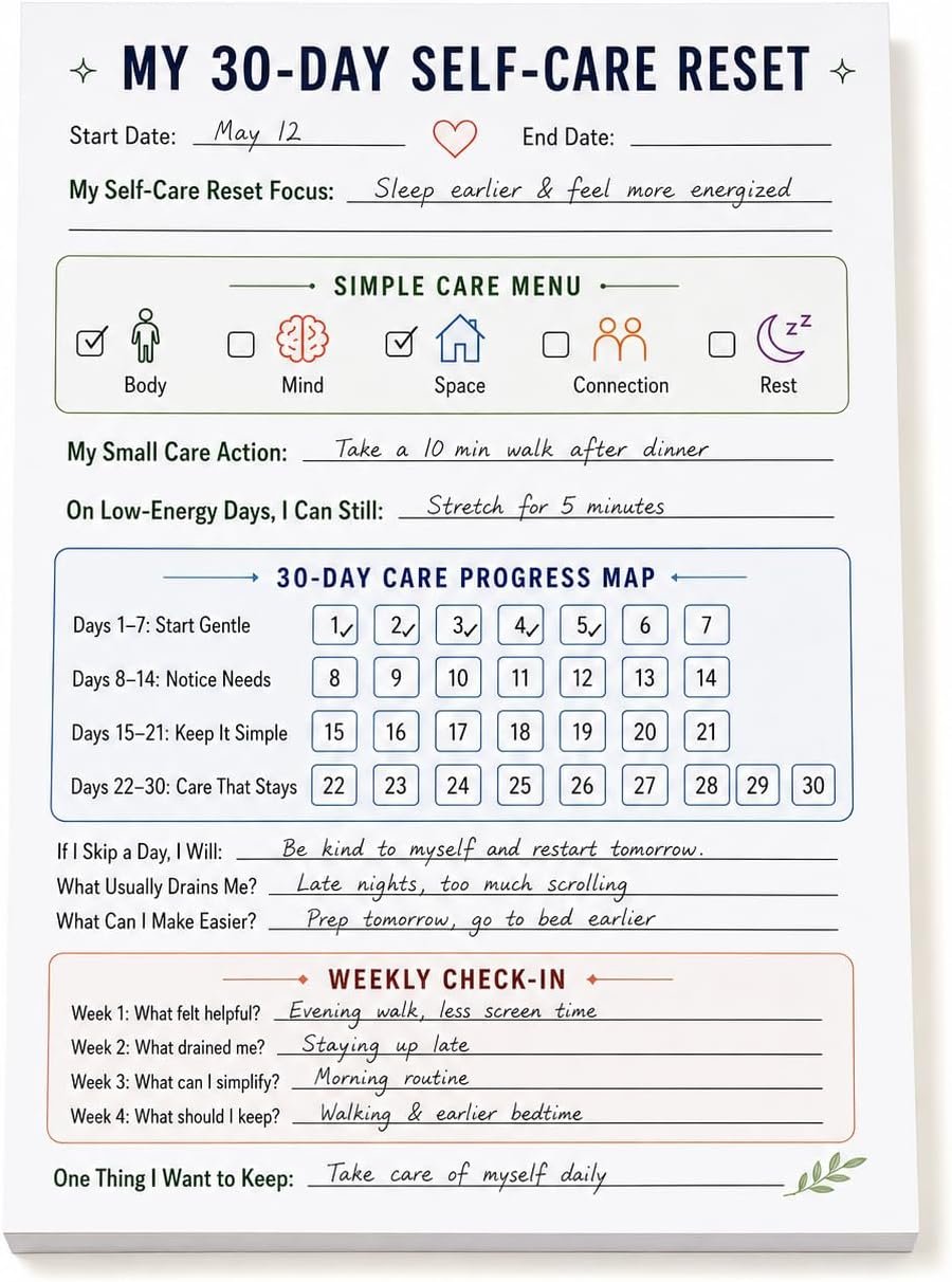 30-Day Self-Care Reset Notepad, 6×9, 50 Sheets