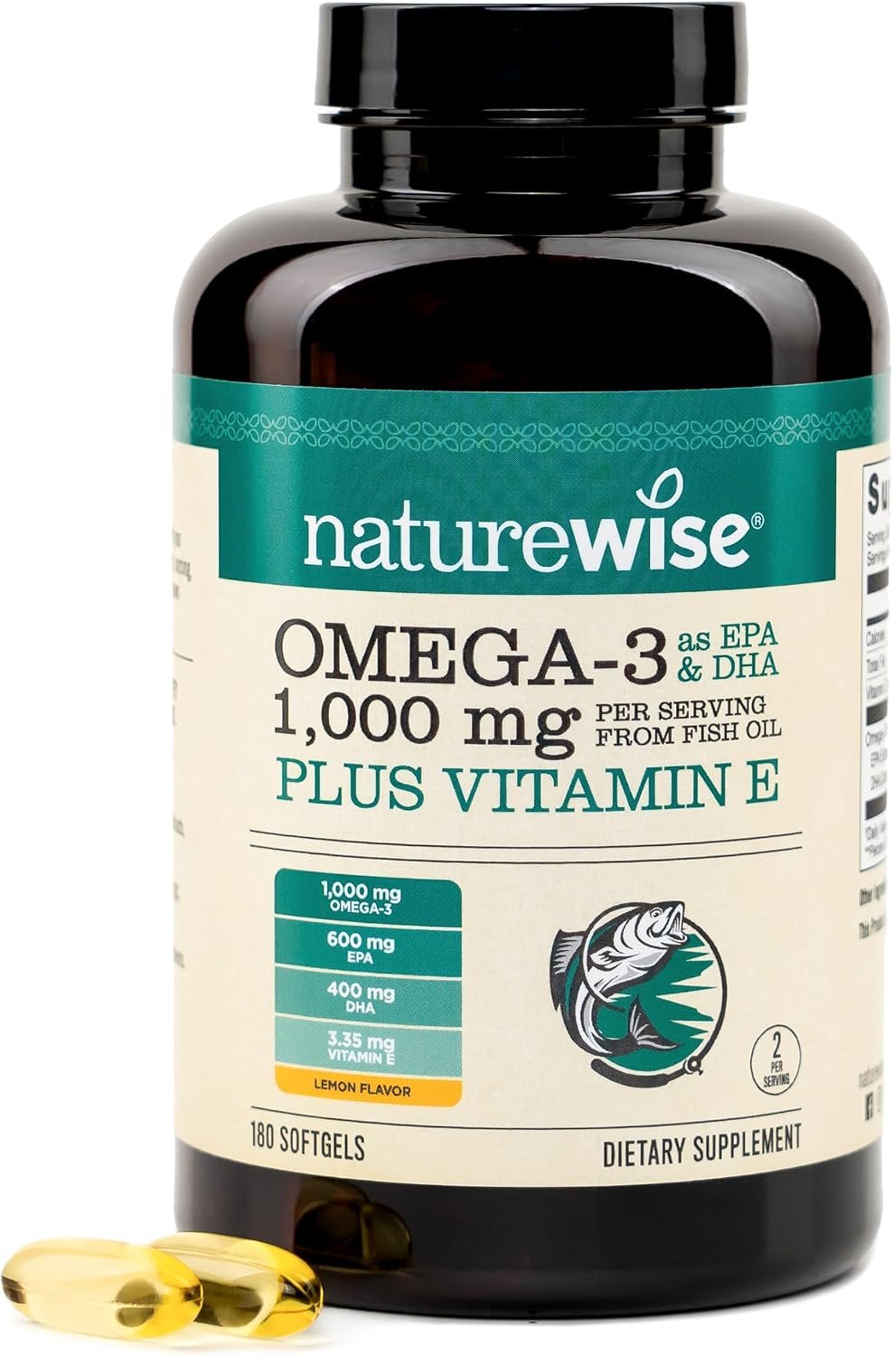 NatureWise Extra-Strength Omega 3 Fish Oil Supplement – 1000mg per Serving – 600 EPA & 400 DHA and Vitamin E – Sustainably Sourced Fish Oil – Lemon Flavor, GMO-Free – 180 Softgels[3-Month Supply]