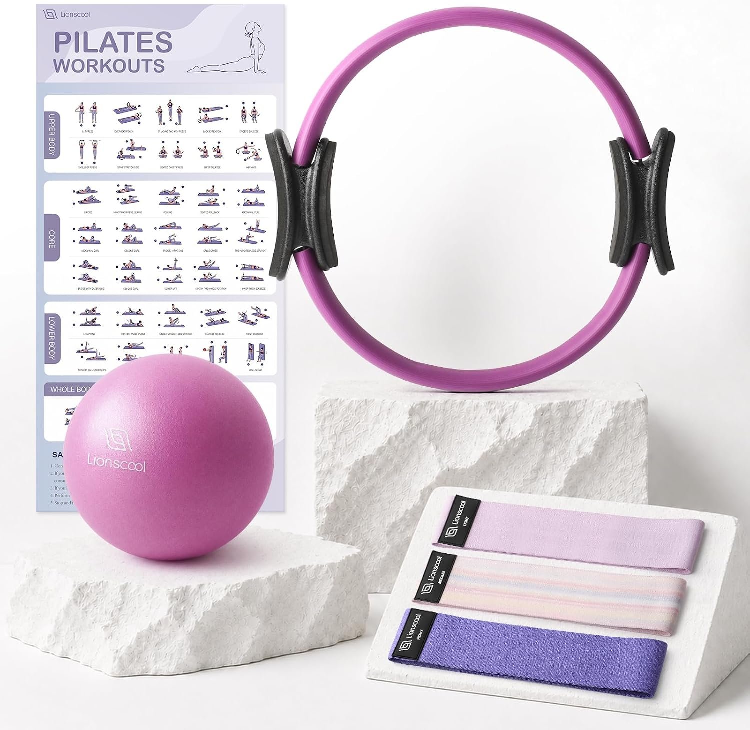 LIONSCOOL Pilates Ring Set 14″ Magic Circle, 9″ Mini Ball, Resistance Bands