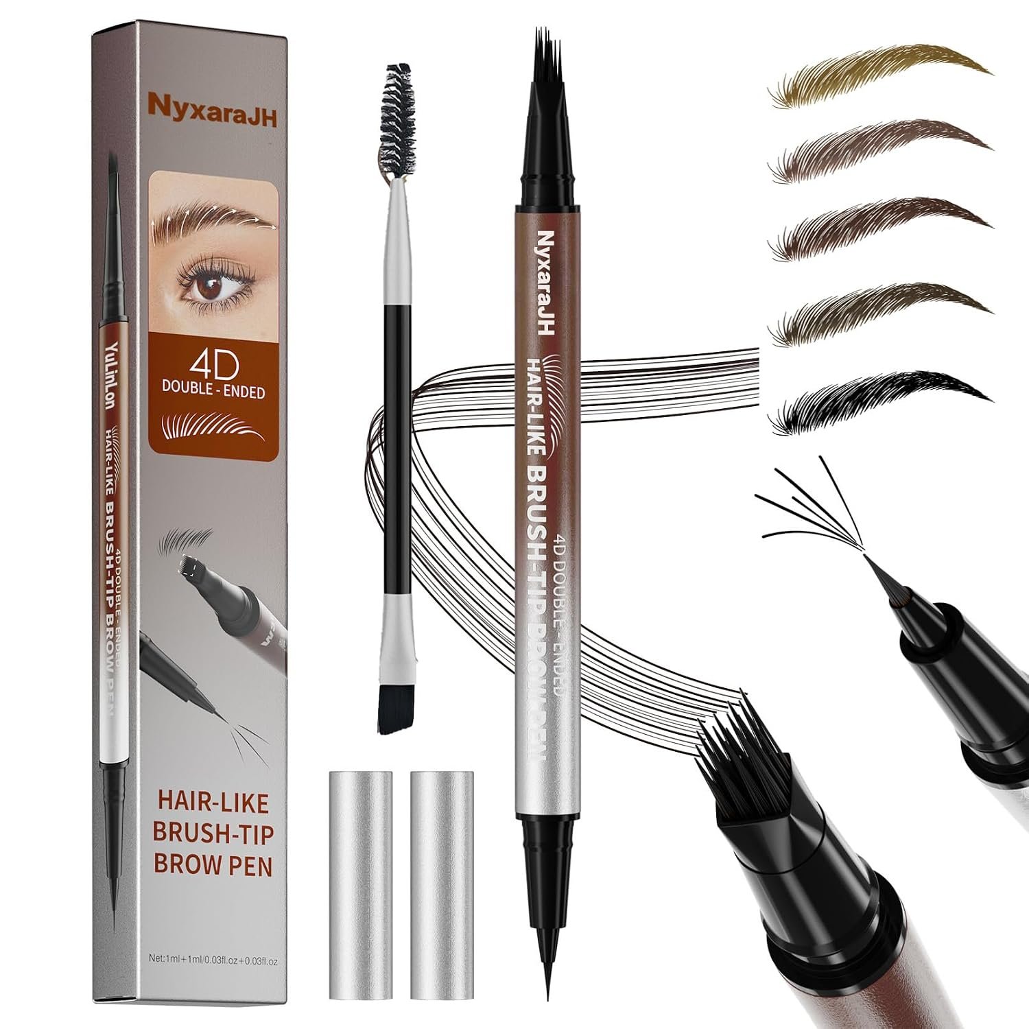 4D Double-Ended Eyebrow Pen, Hair-Like Brush Tip, 5 Color Options, 0.1mm Precision Tip, Waterproof Brow Makeup (3# Dark Brown)