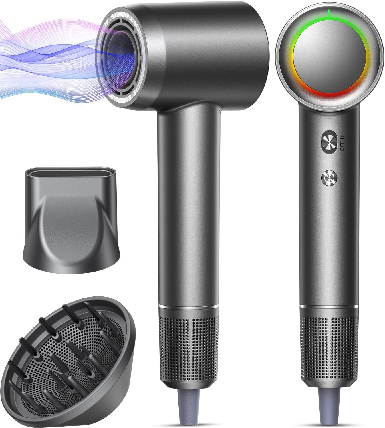 Fast Drying Without Extreme Heat, High-Speed Hair Dryer with 500M Negative Ions for Smooth, Frizz-Free Hair, Low-Noise Lightweight Blow Dryer with Diffuser & Concentrator, Gunmetal