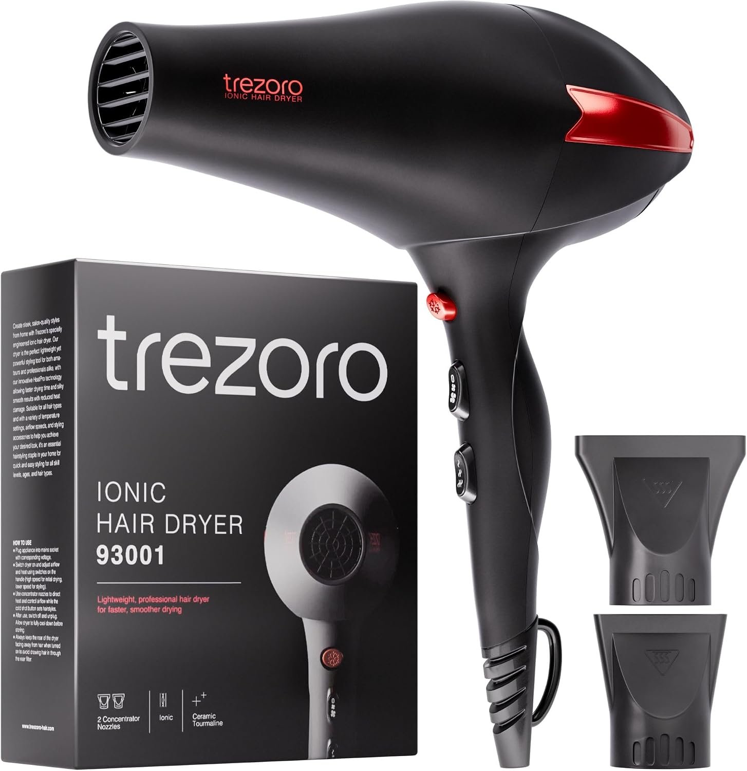 TREZORO Professional Hair Dryer with 2 Concentrator Nozzles, 2000W, Black