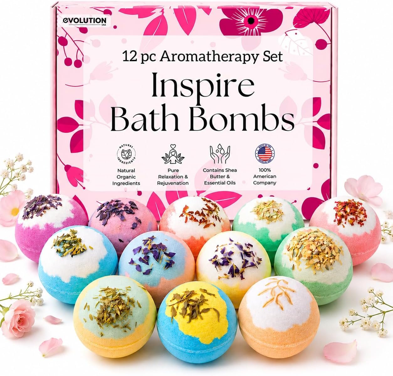 EvolutionUSA 12 Inspire Bath Bombs for Women & Girls – Flower Topped Bath Bombs Girls, Fun Bathbombs Set, Organic Bath Fizzers, Luxury Gift for Mothers Day, Birthday, Christmas, Easter or Self Care