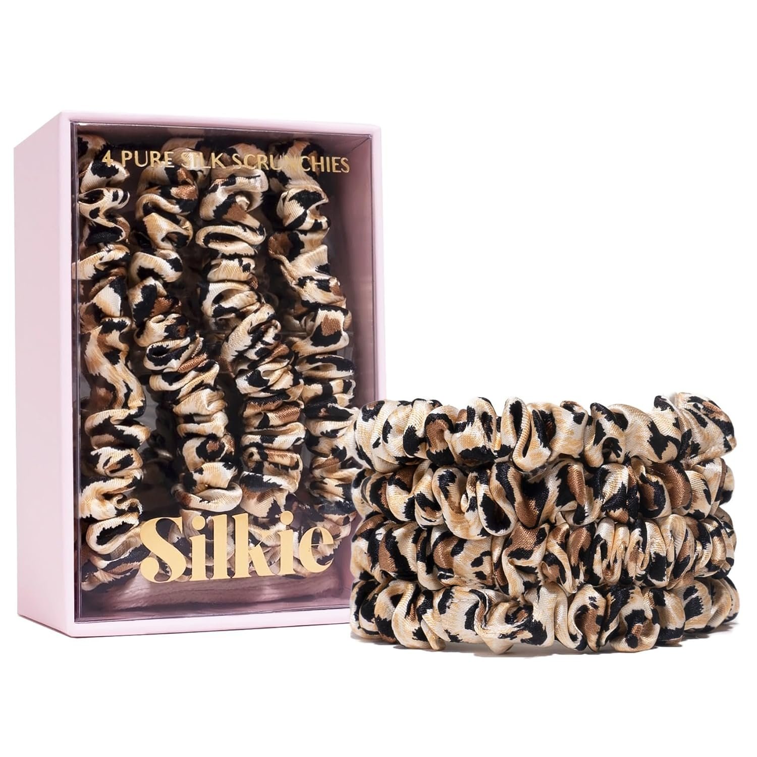 SILKIE x4 Set – Forget Satin – 100% Pure Mulberry Silk Black Brown Leopard Skinny Scrunchies Travel Pouch Everyday Hair Ties Elastics Hair Care Ponytail Holder No Damage (Savannah)