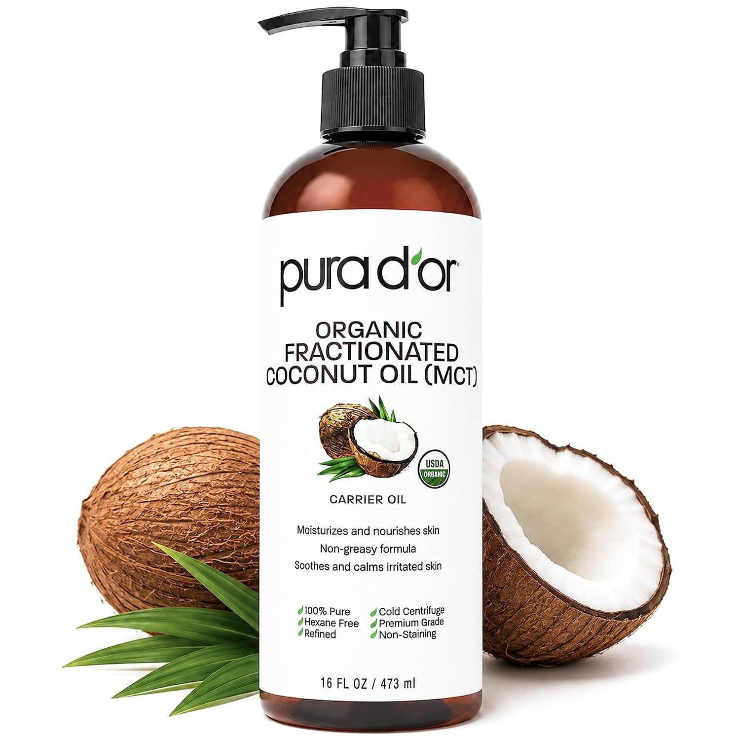 PURA D’OR USDA ORGANIC Fractionated Coconut Oil: Hair & Skin Bath Oil 16oz