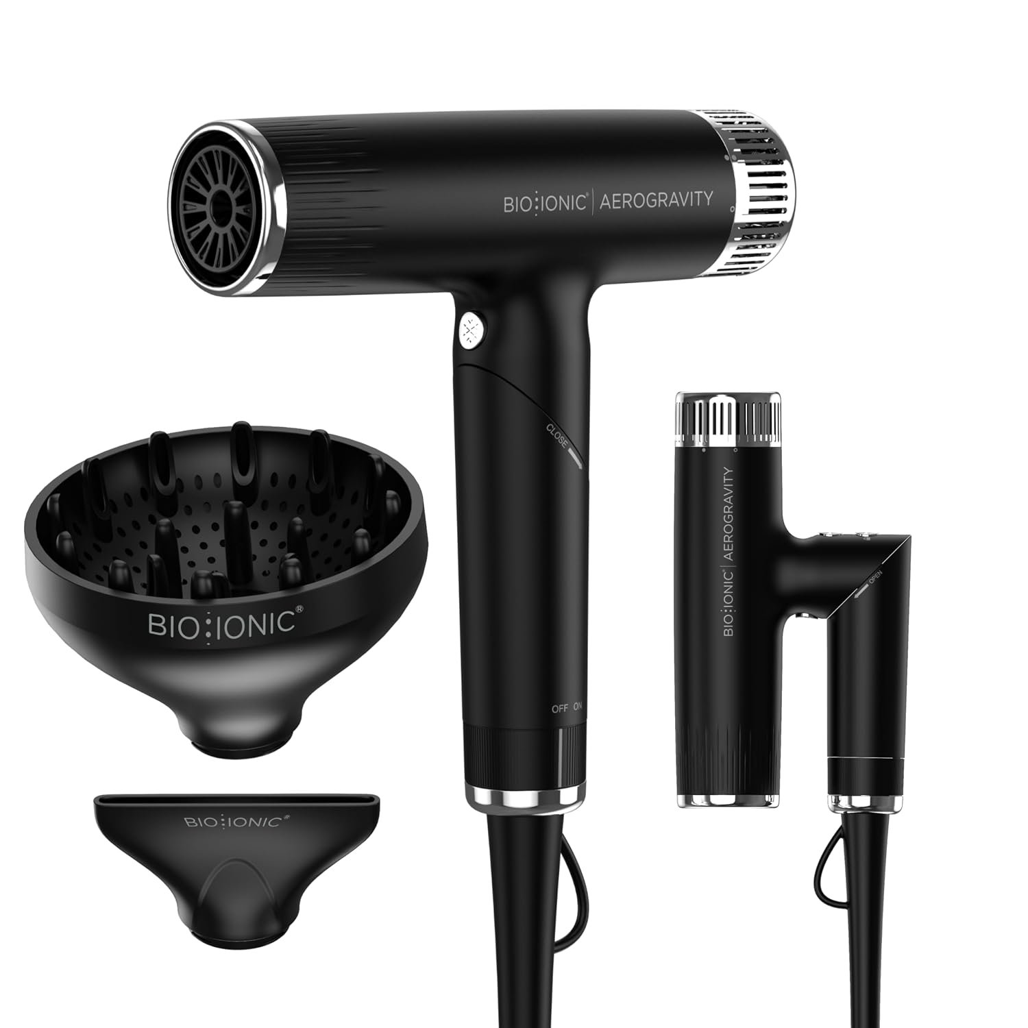 Bio Ionic AeroGravity Featherlight Hair Dryer, Foldable Handle, Less Frizz & Static, Compact, Ultra-Lightweight Blow Dryer, Dual Voltage, Includes Diffuser & Concentrator Nozzle, Travel Essentials
