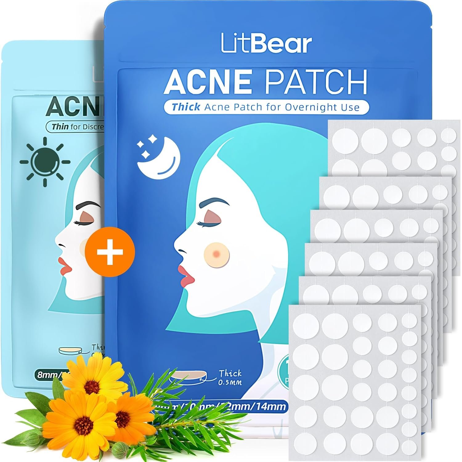 LitBear Acne Pimple Patches- Day and Night 4 Sizes 180 Dots Thin & Thick Hydrocolloid Patches with Witch Hazel, Tea Tree & Calendula Oil, Pimple Stickers for Covering Zits, Spots, Acne Dots