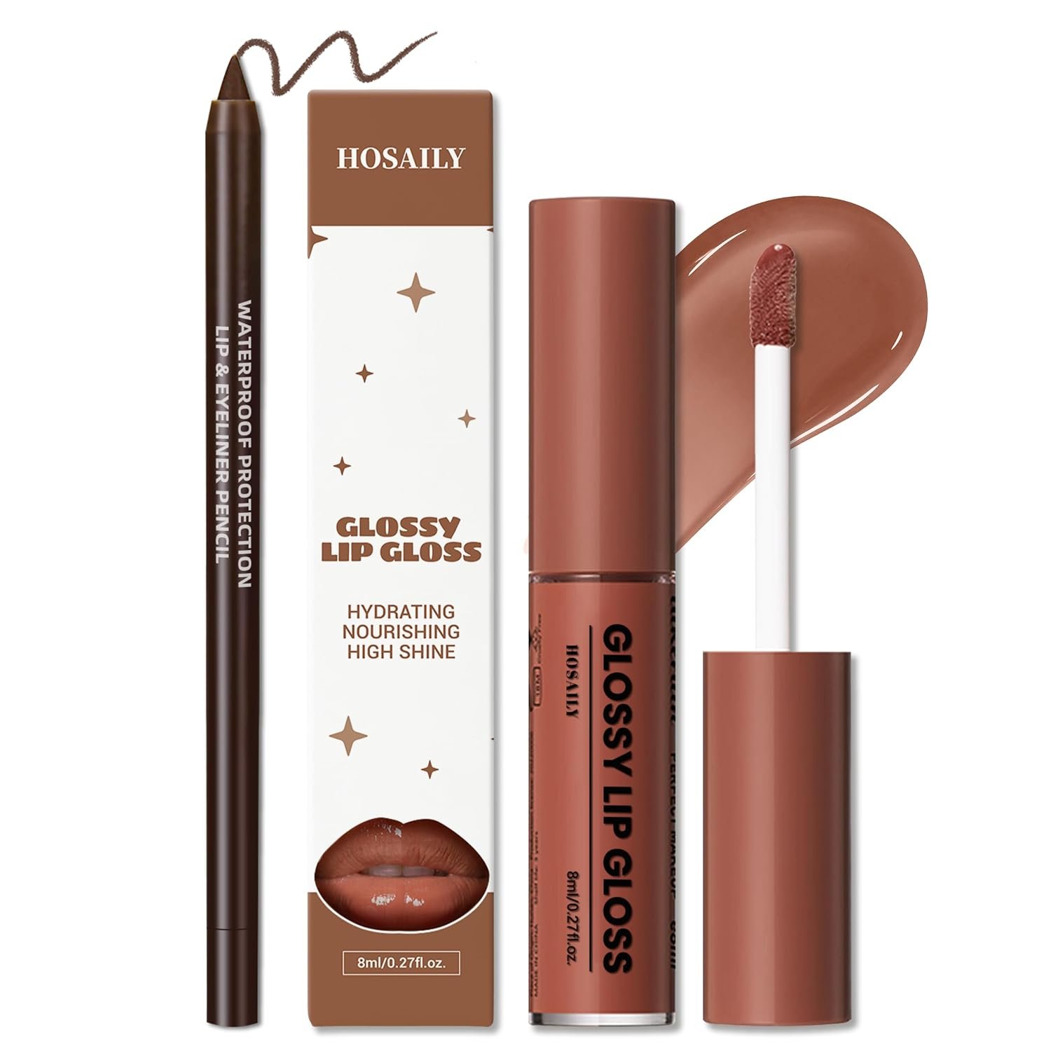 HOSAILY Natural Nude Lip Combo, Nourishing Lip Gloss&Brown Lip Liner Kit