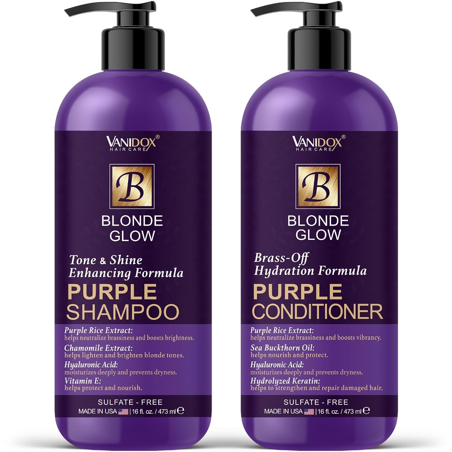 VANIDOX Sulfate Free Brass Toning Purple Shampoo and Conditioner Set for Blondes, Brown Highlighted, or Bleached Hair, Shampoo for Blondes Infused with Purple Rice Extract (16 fl oz each)