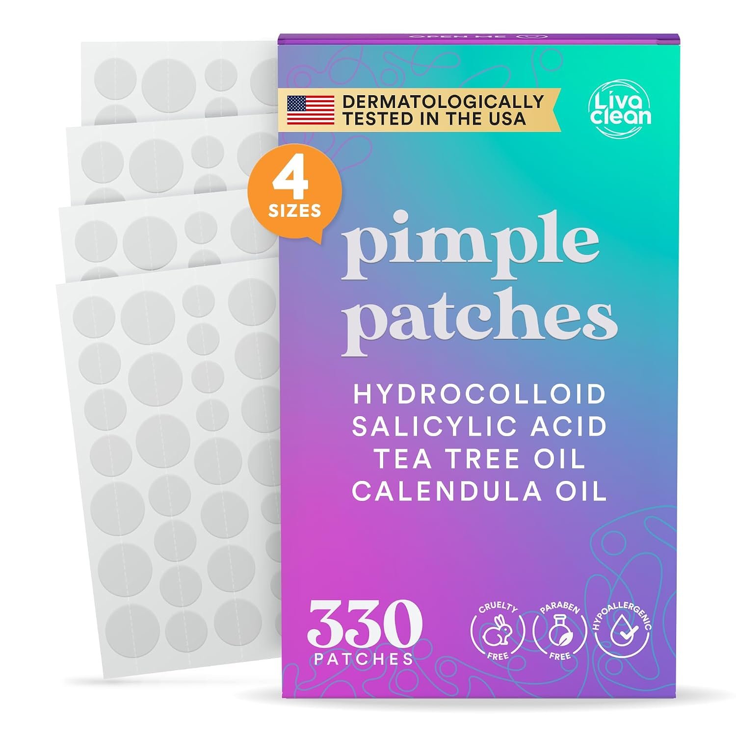 LivaClean 330CT Pimple Patches for Face, 4 Sizes Hydrocolloid Patch