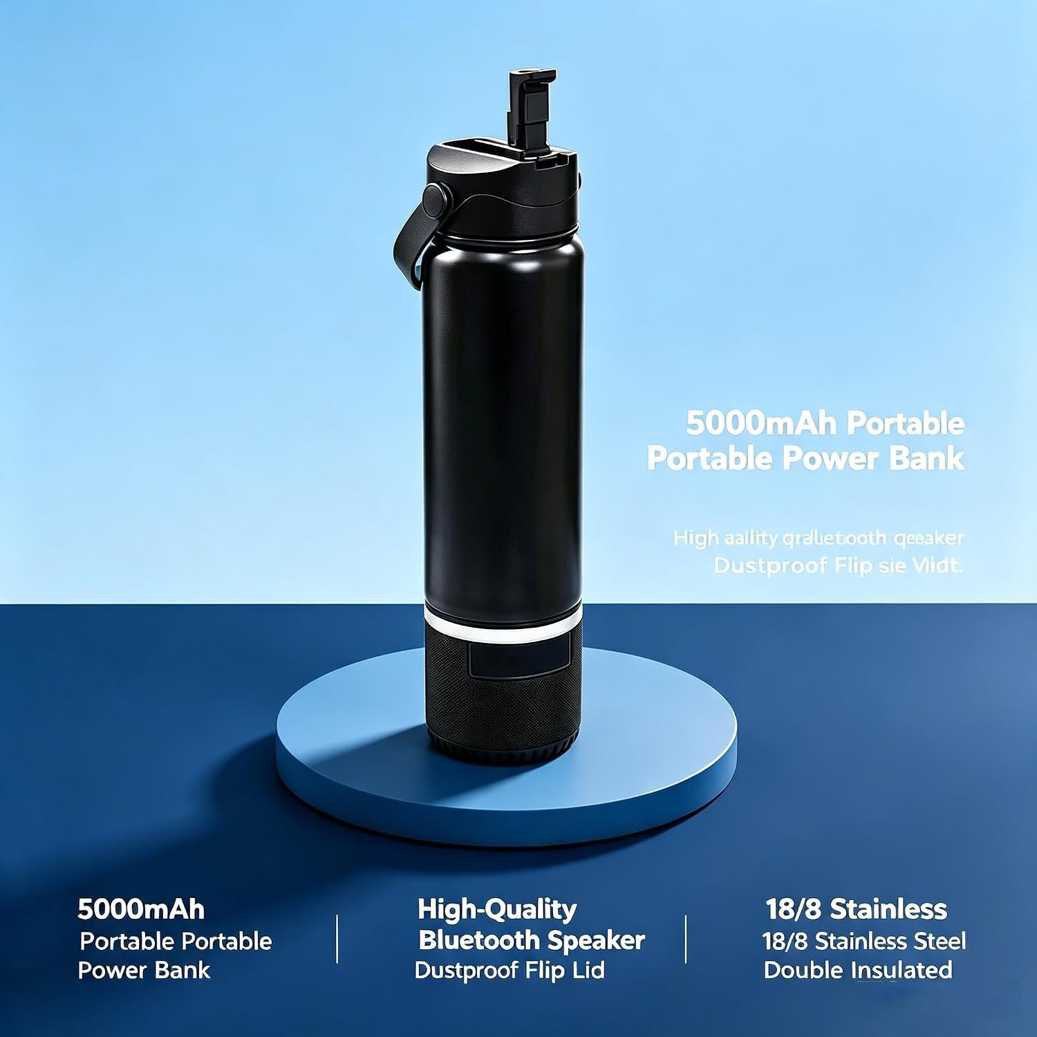 18oz Stainless Steel Smart Water Bottle,Premium Bluetooth Speaker, 5000MA Portable Charging,Outdoor