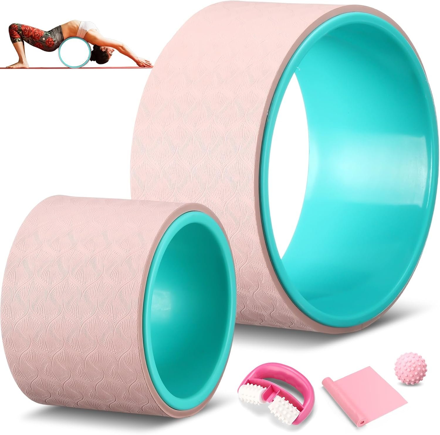 Arrowbash 5-in-1 Pink Yoga Wheel Set Back Stretcher Kit with Foam Roller