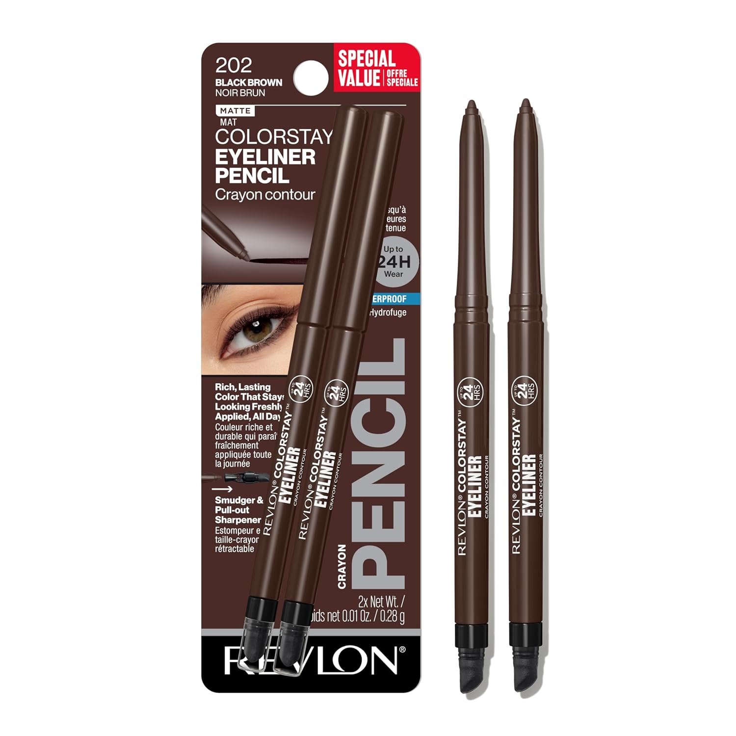 Revlon ColorStay Pencil Waterproof Eyeliner, 202 Black Brown, 2 pack