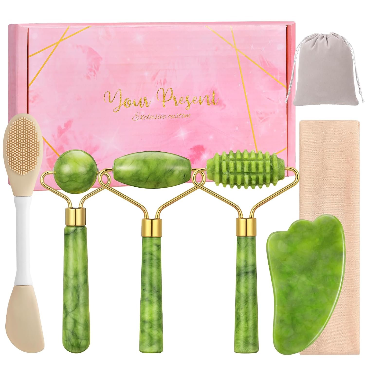 6Pcs Jade Roller for Face,Gua Sha Facial Tools for Women Natural Face Roller Massager Tool for Skincare, Makeup