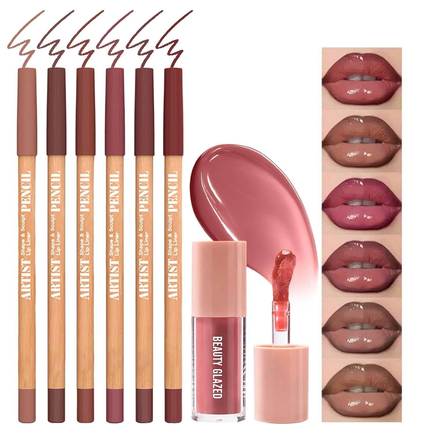 7Pcs Lip Liner & Lip Gloss Kit – Lip Defining Lip Combo Set for Precise Lip Outline, Fuller Looking Lips, Gradient Lips & Glass Lips Look, High Shine Volume Lips Viral Lip Combo, #Nude Pink