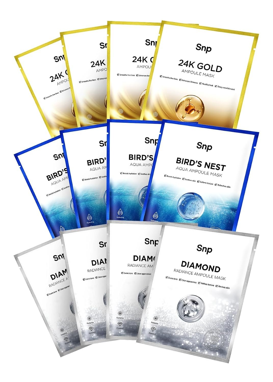 SNP Variety Ampoule Sheet Mask Set | Bird’s Nest, 24K Gold, and Diamond Face Mask | Hydrating, Moisturizing, Nourishing for Sensitive Facial Skin | Korean Face Masks Skincare | 12 Sheets