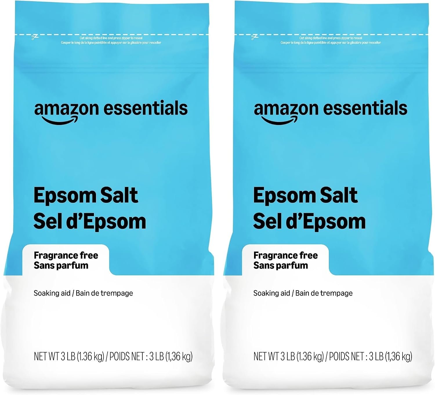 Amazon Basics Epsom Salt Soak, Unscented, Magnesium Sulfate USP, Muscle and Feet Relaxation, Resealable Bag, 3 Pound (Pack of 2)