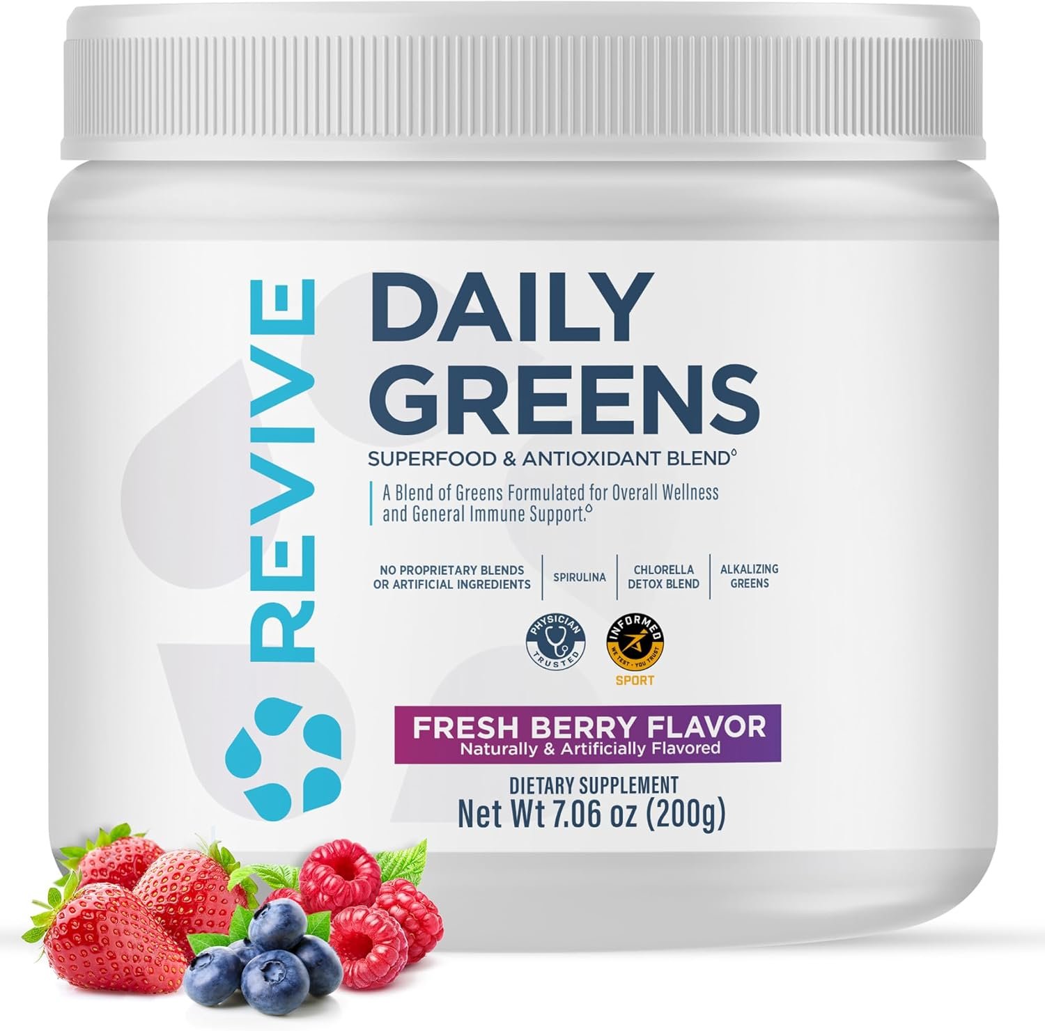 Revive MD Daily Green Powder Superfood (Fresh Berry) – Supergreens Powder to Support Energy Levels – Green Juice that Improves Fiber Intake – Vegetable Supports Digestion and Gut Health (30 Servings)