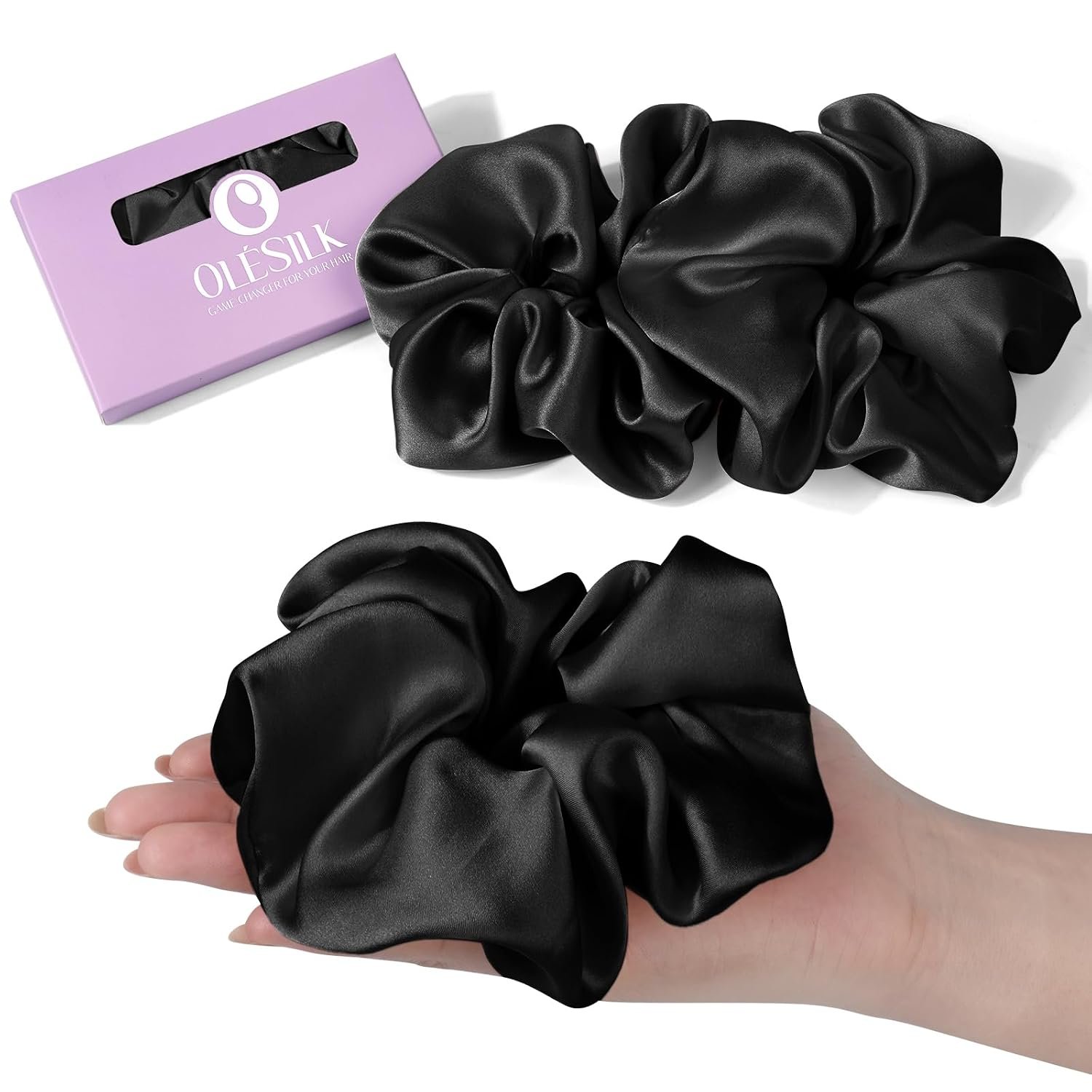 OLESILK 100% Mulberry Large Wide Silk Scrunchies for Women, 2 Pack, Black