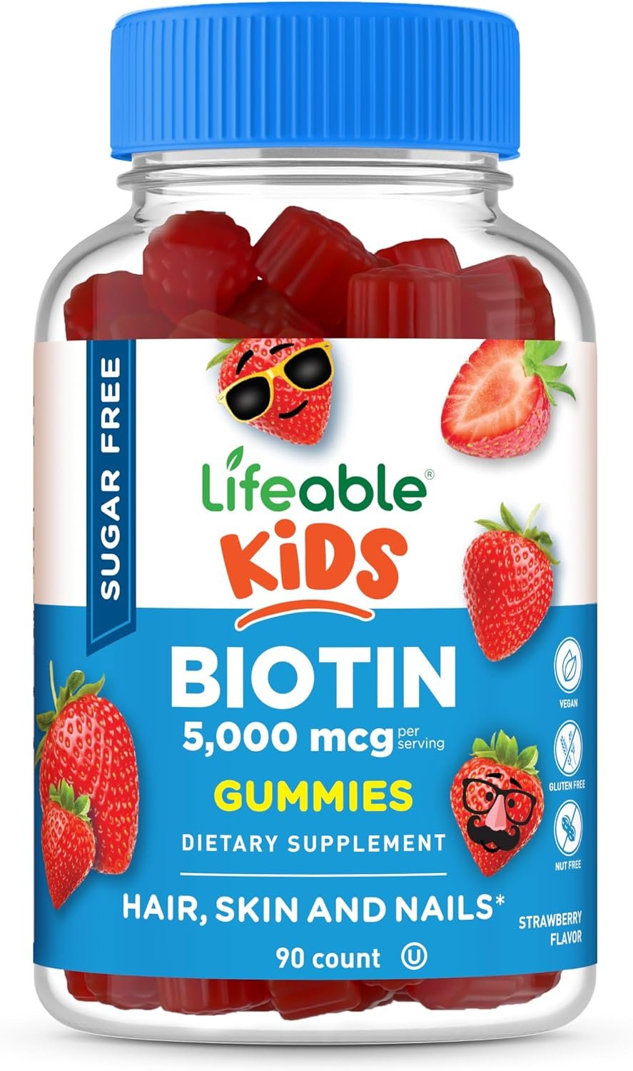 Lifeable Sugar Free Kids Biotin Gummies | 5000mcg | Great Tasting Biotin Supplement | Biotin Gummies for Hair Growth, Skin and Nail Health | Hair Vitamins for Kids, Boys, Girls | 90 Gummies